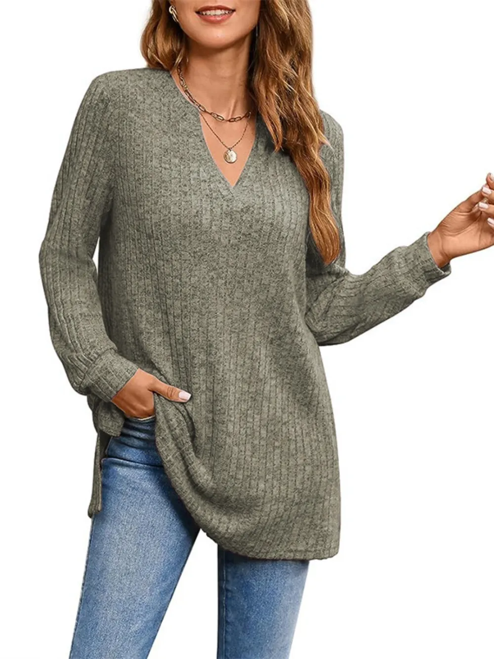 Ribbed Notched Long Sleeve T-Shirt, image 21