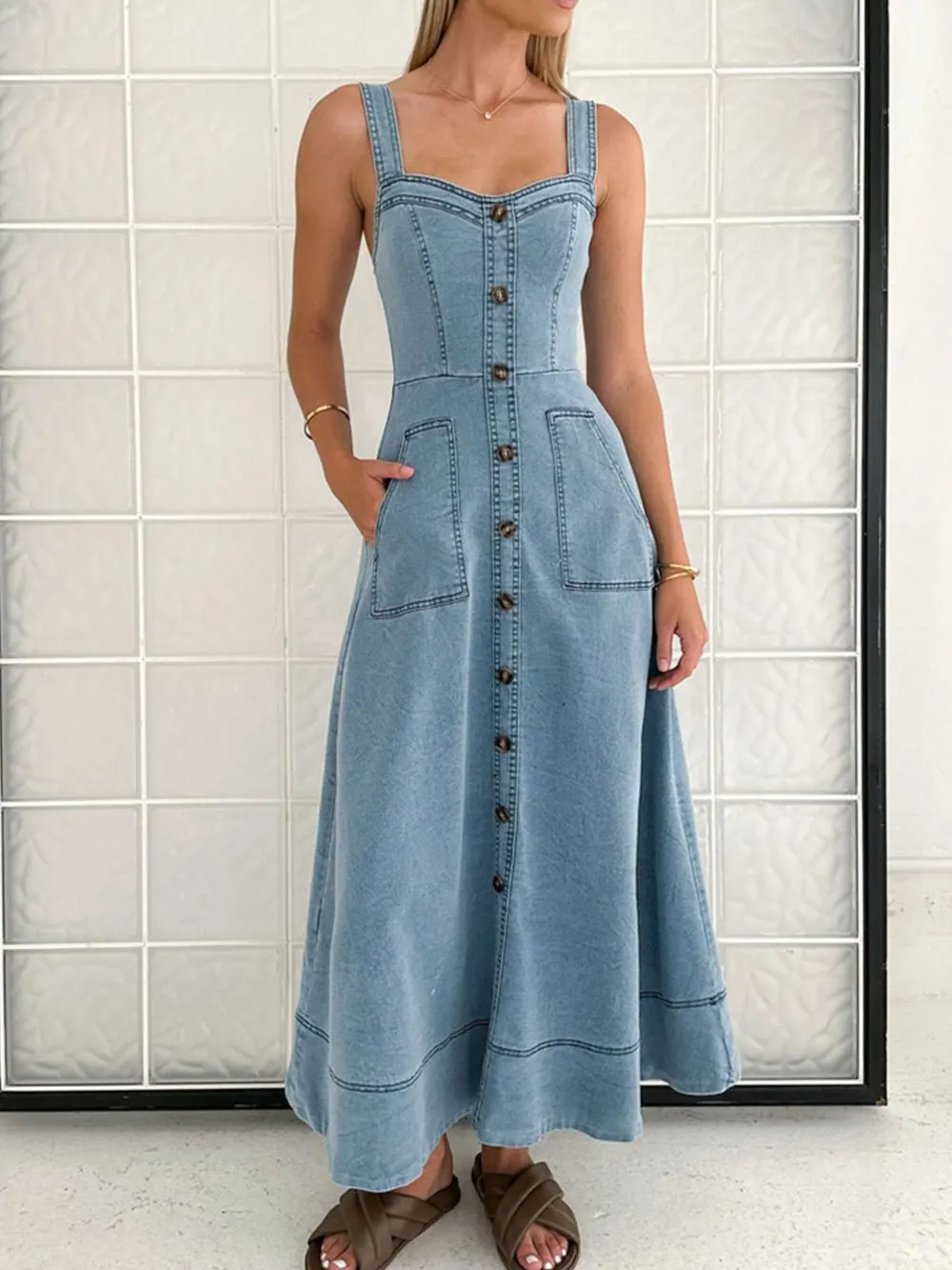Wide Strap Sweetheart Neck Denim Dress, image 3