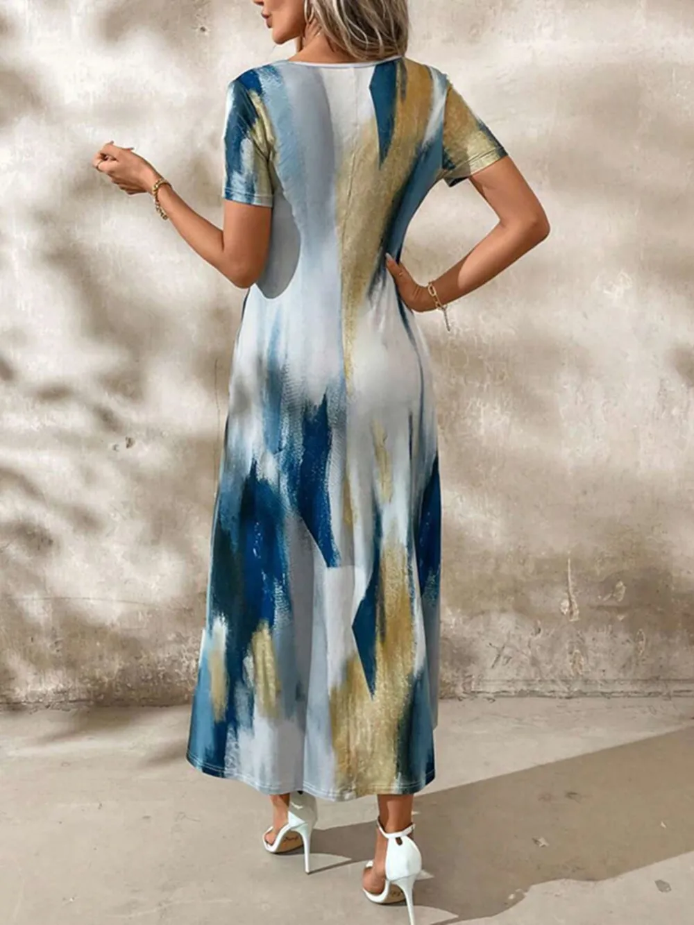 Tie-Dye V-Neck Short Sleeve Midi Tee Dress, image 10