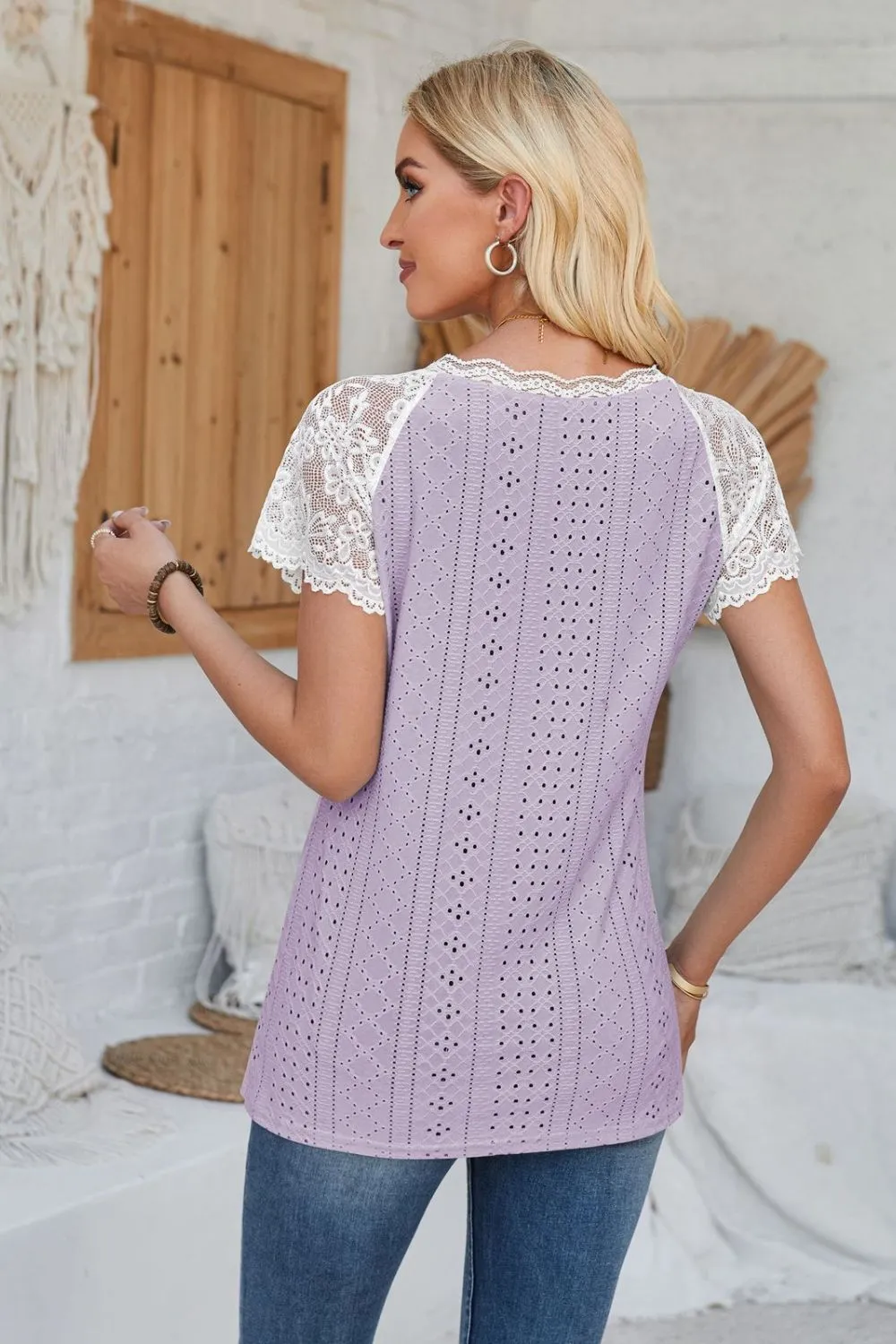 Eyelet V-Neck Lace Short Sleeve T-Shirt, image 23