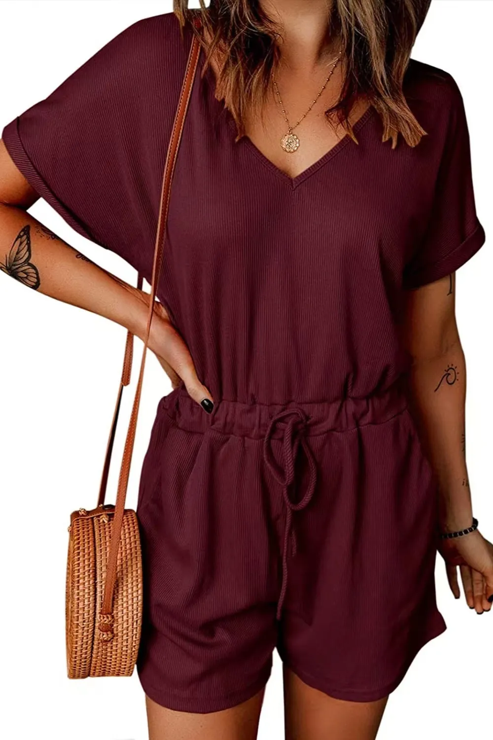 Full Size Drawstring V-Neck Short Sleeve Romper, image 9