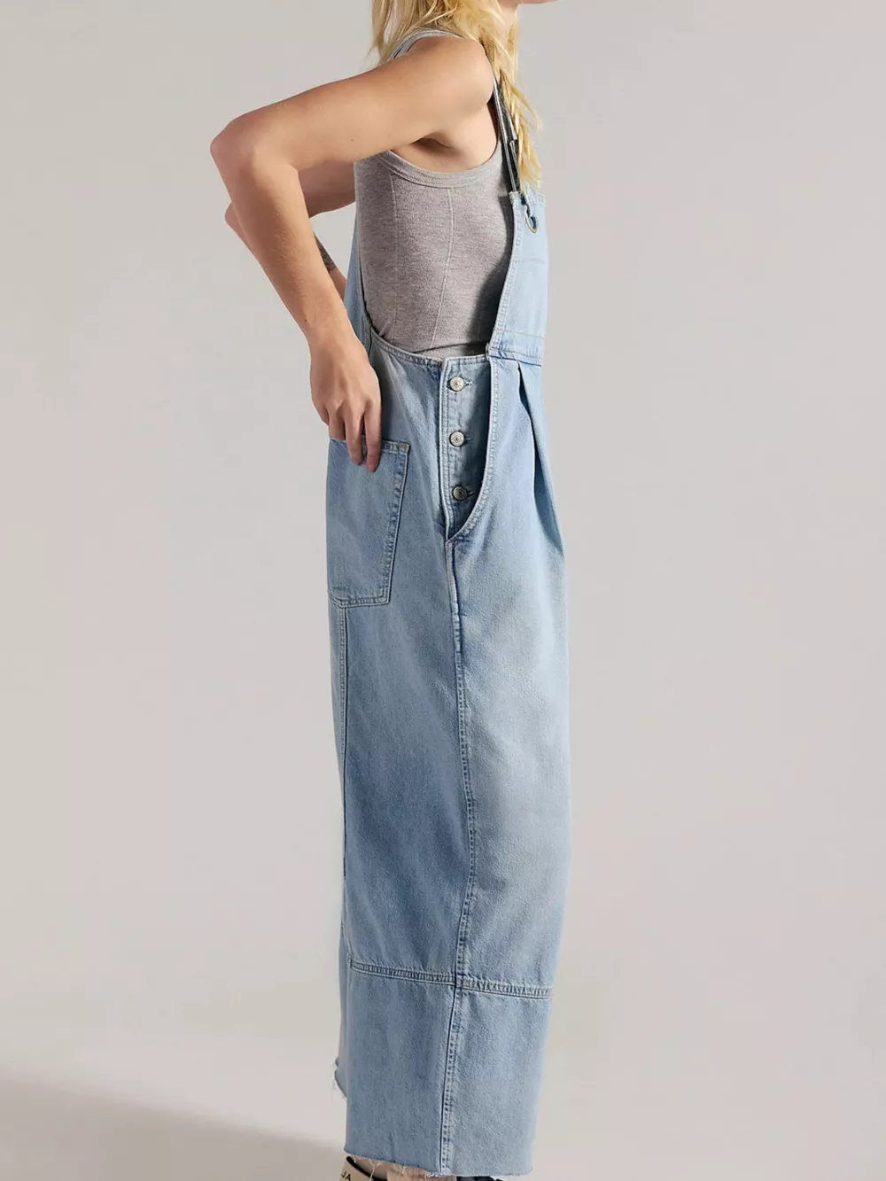 Raw Hem Wide-Leg Denim Overalls, image 9