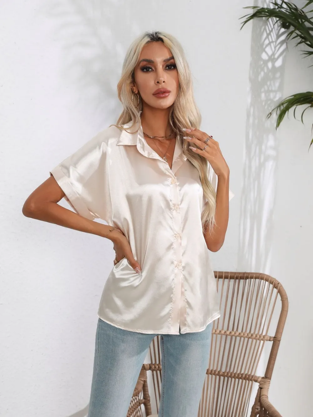 Button Down Collared Neck Short Sleeve Satin Shirt, image 25