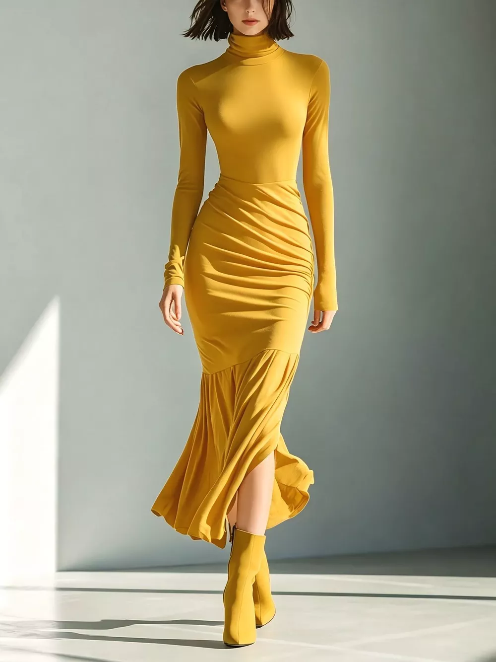 Full Size Slit Turtleneck Ruched Bodycon Mermaid Dress Plus Size, image 13