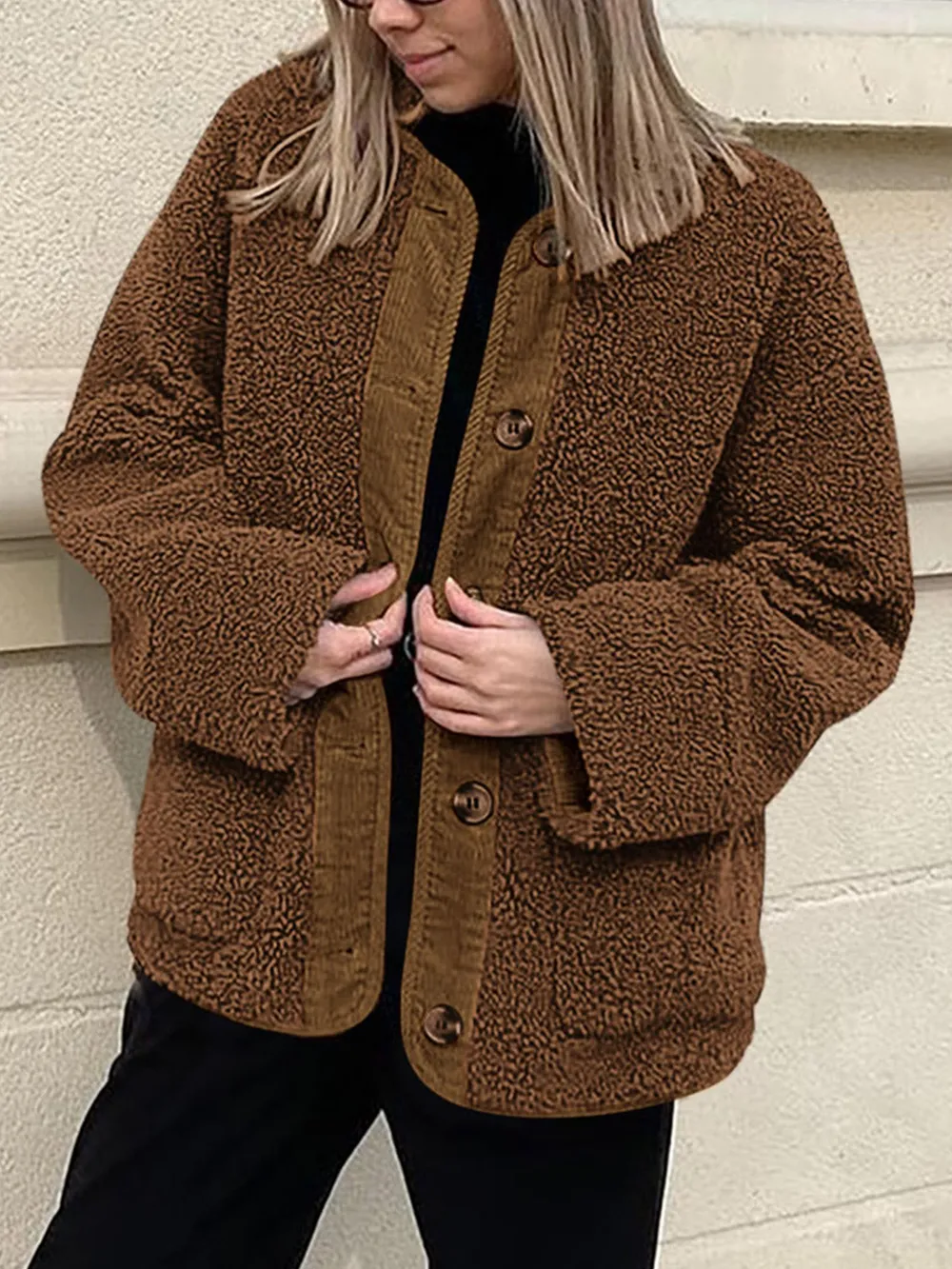 Contrast Button Up Sherpa Jacket with Pockets, image 17