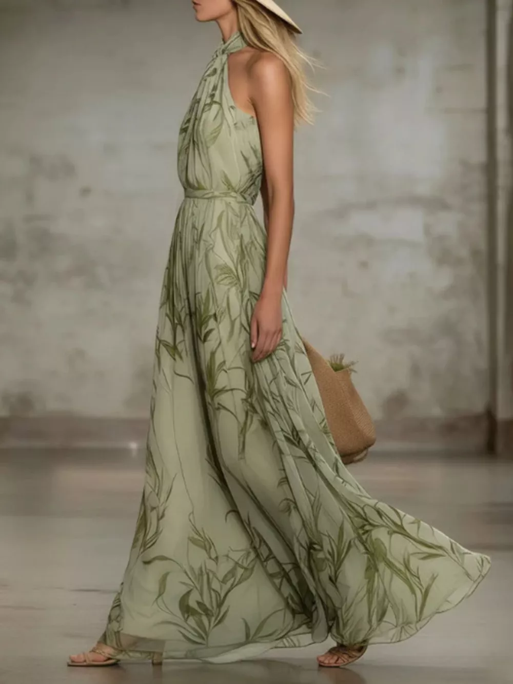 Leaf Print Sleeveless Chiffon Maxi Dress, image 4