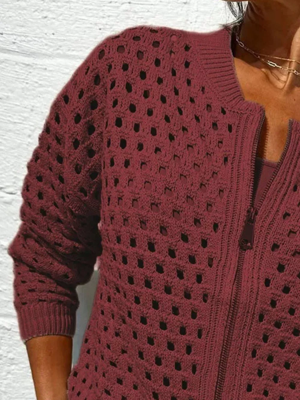 Full Size Zip Up Long Sleeve Cardigan with Eyelet Detail Plus Size, image 12