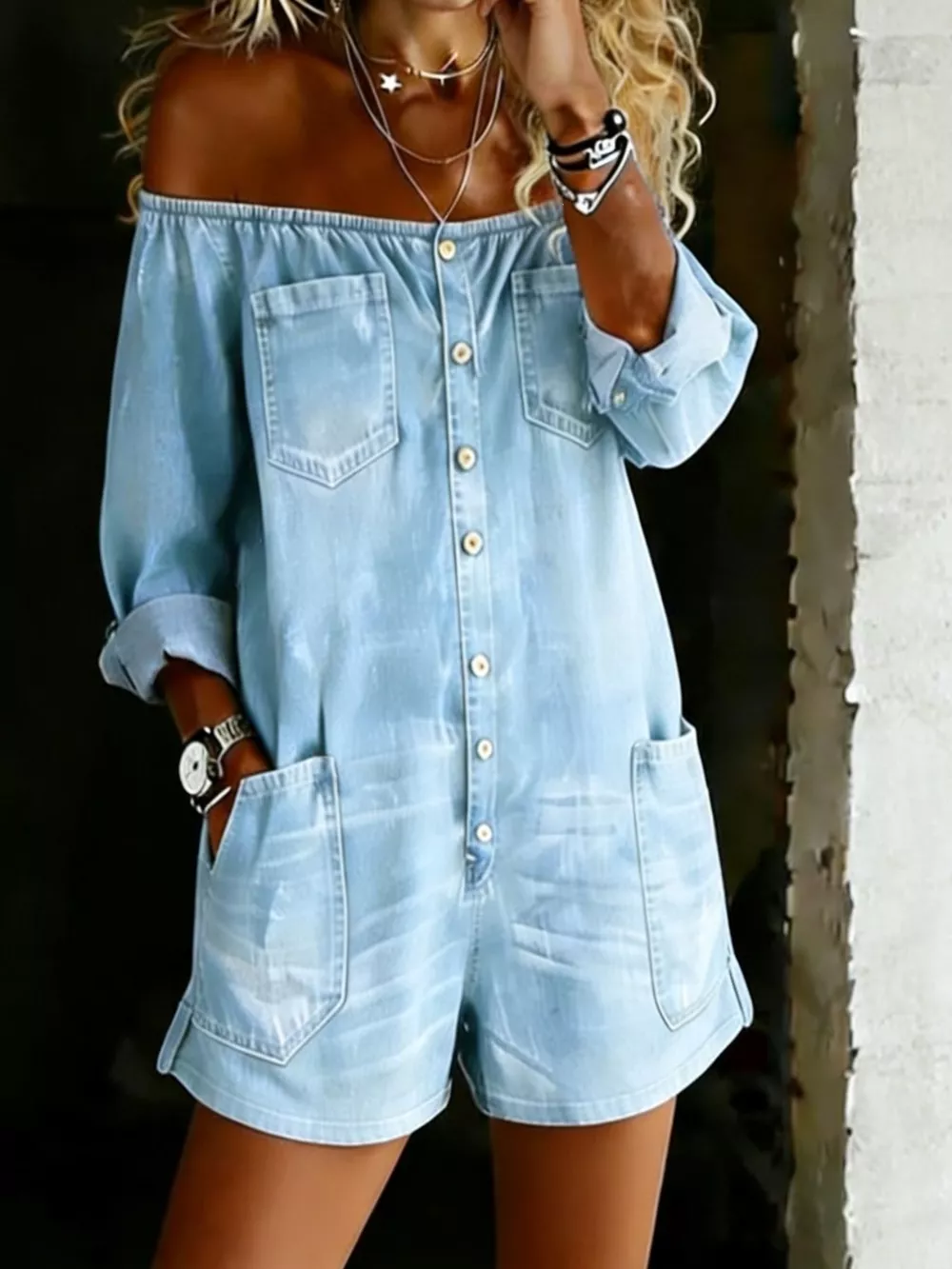 Full Size Button-Down Front Off Shoulder Romper Plus Size, image 3