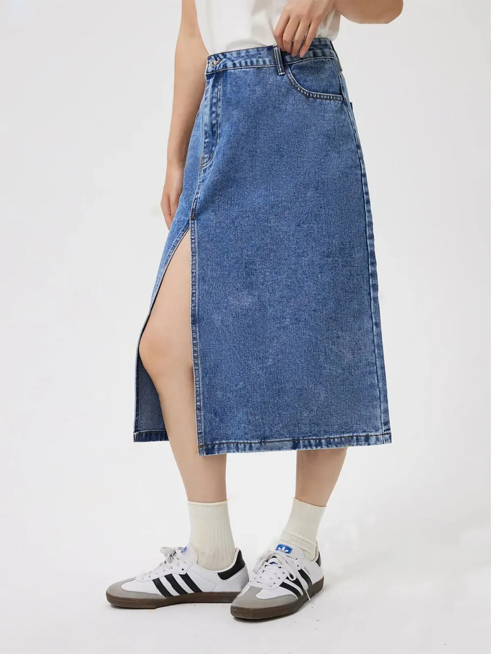 Slit Midi Denim Skirt with Pockets, image 4