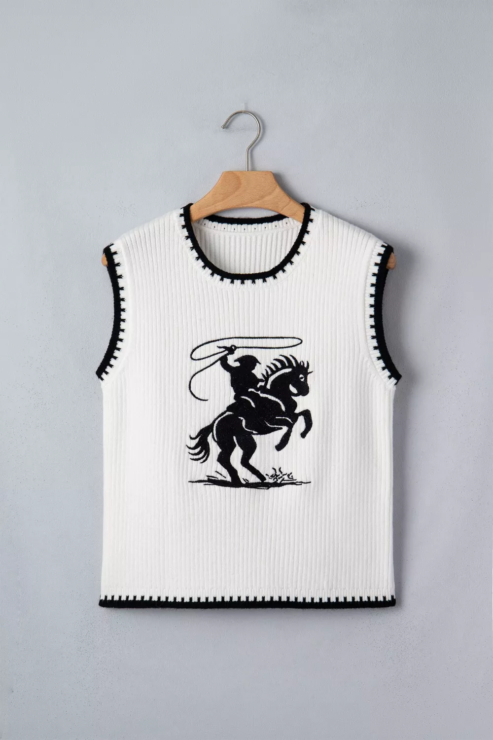 Contrast Trim Round Neck Rodeo Cowboy Sweater Vest
