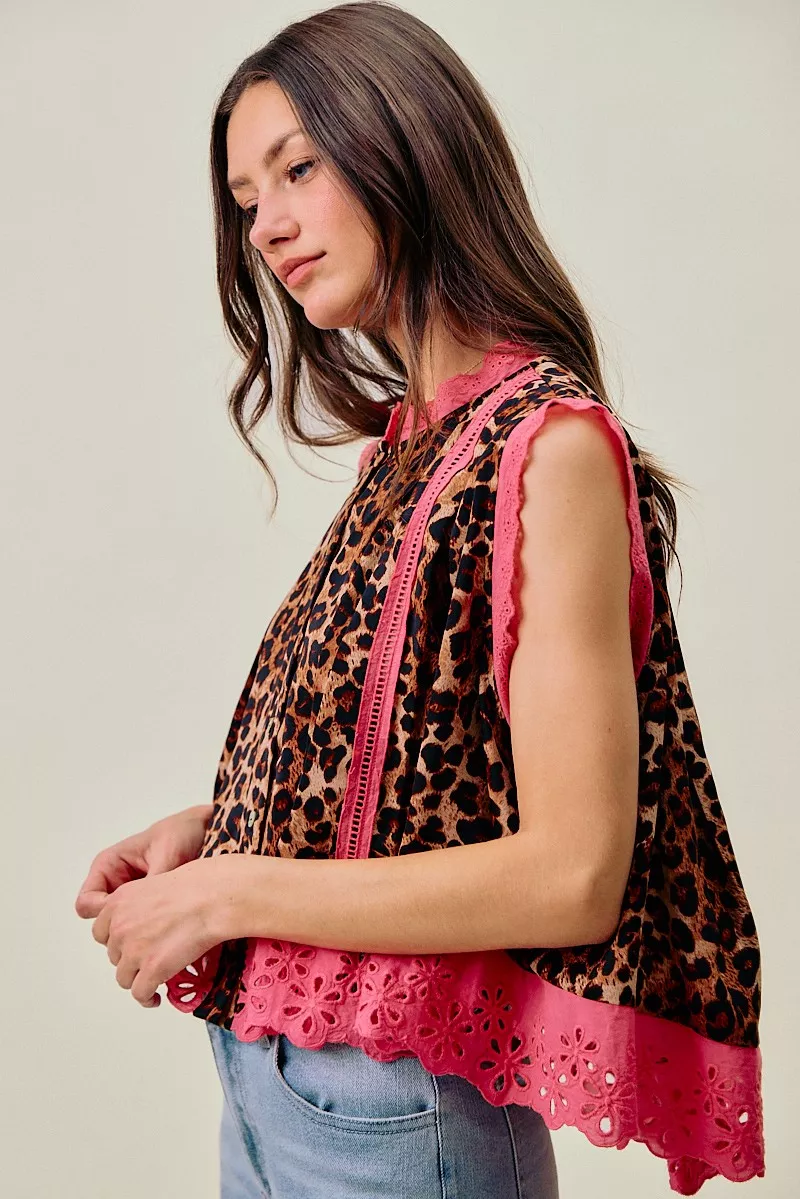 Leopard Button Up Pleated Sleeveless Blouse, image 8