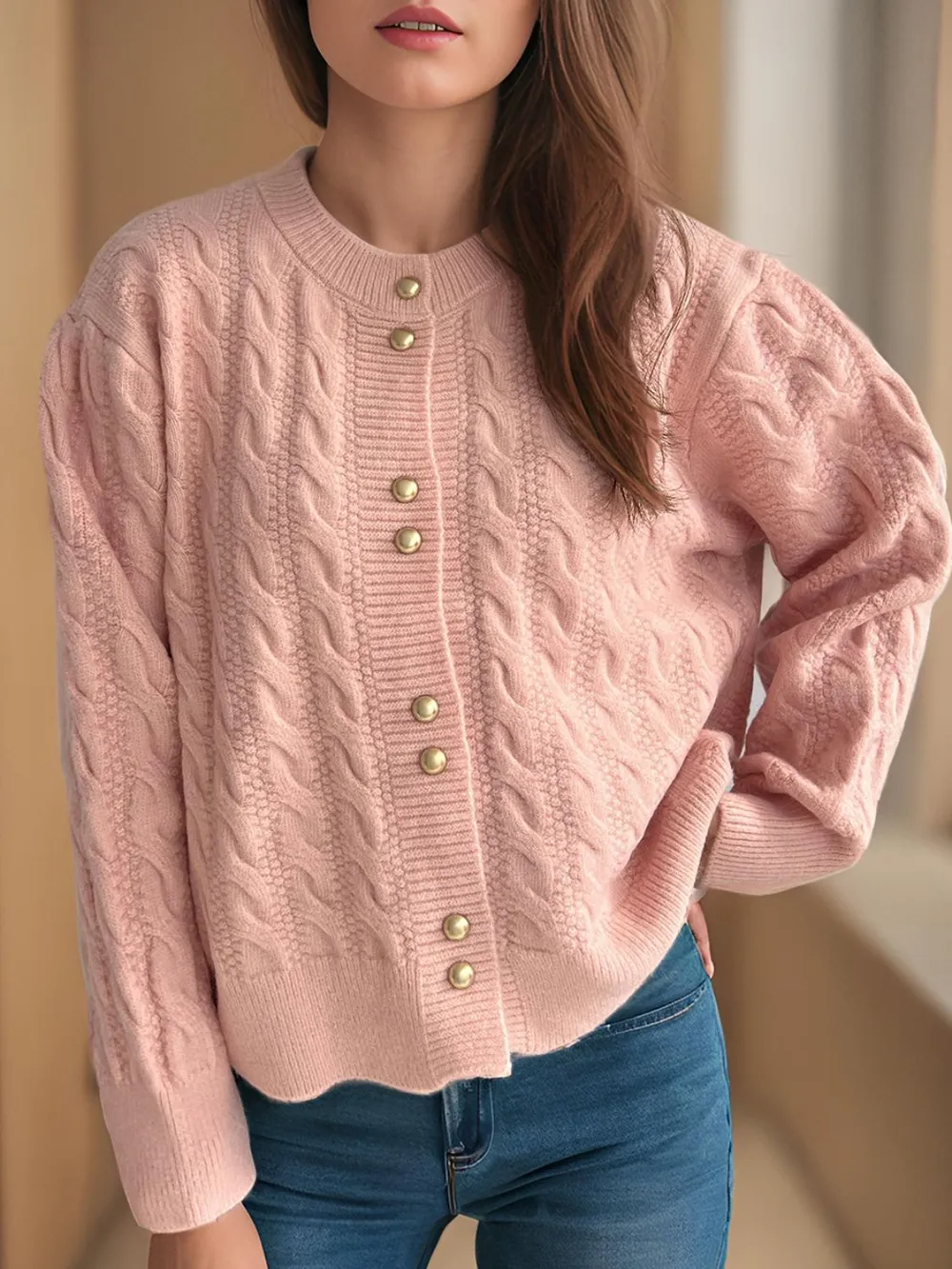 Cable-Knit Round Neck Long Sleeve Cardigan, image 7