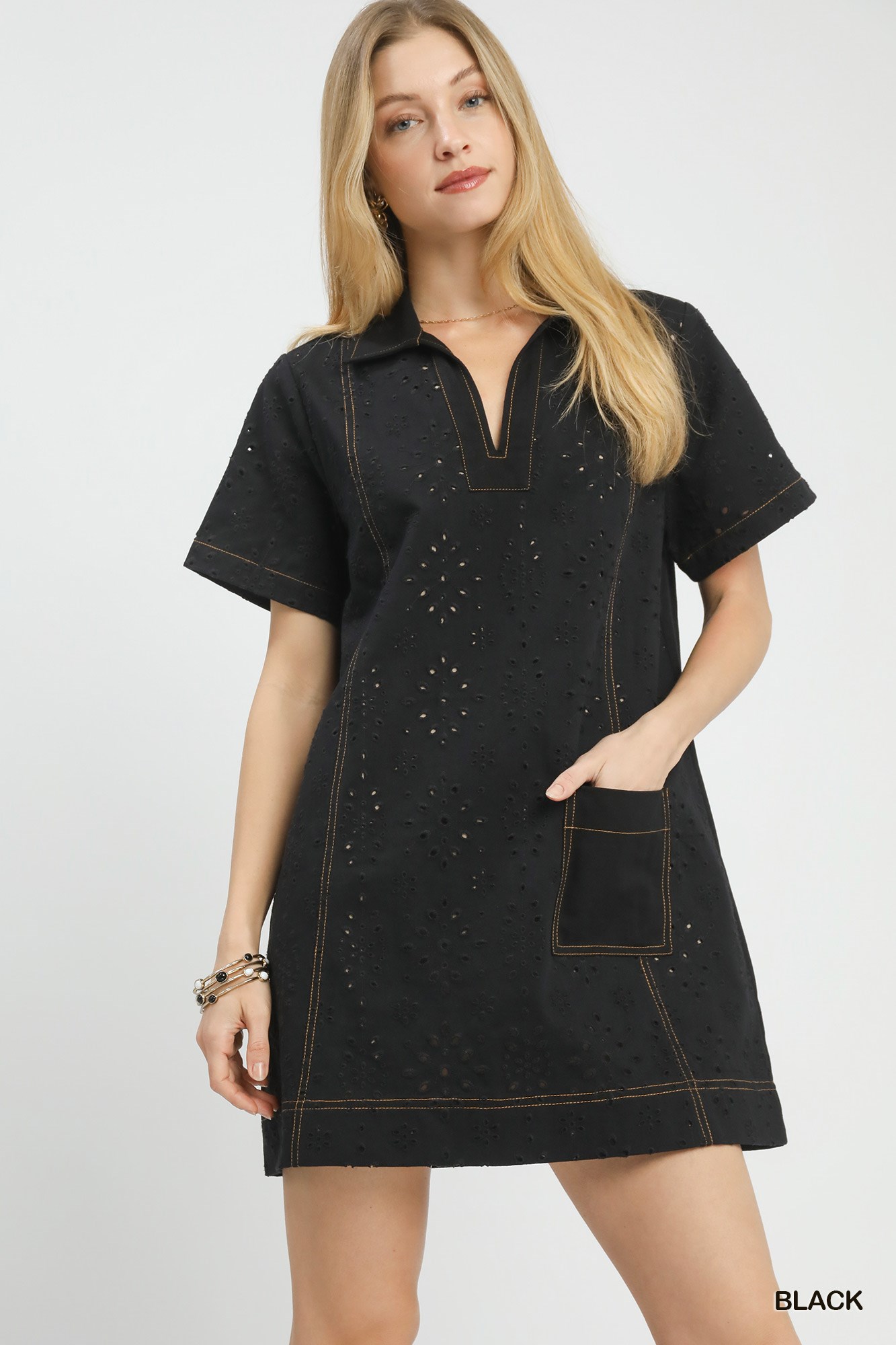 Eyelet Short Sleeve Shift Dress with Pocket