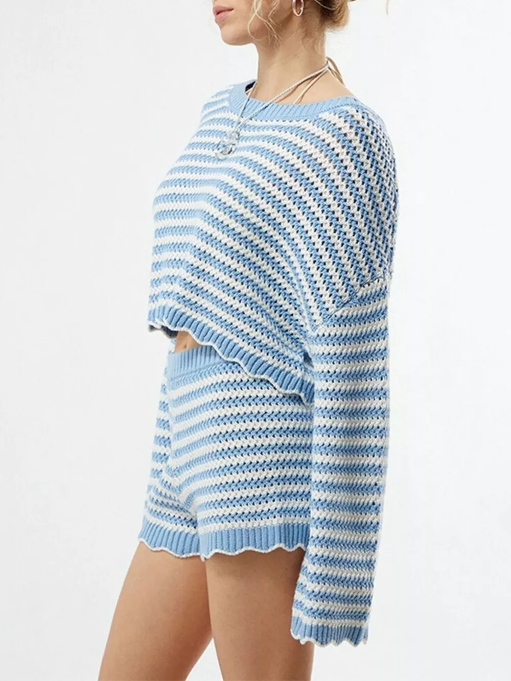 Scalloped Edges Striped Top and Shorts Set, image 4