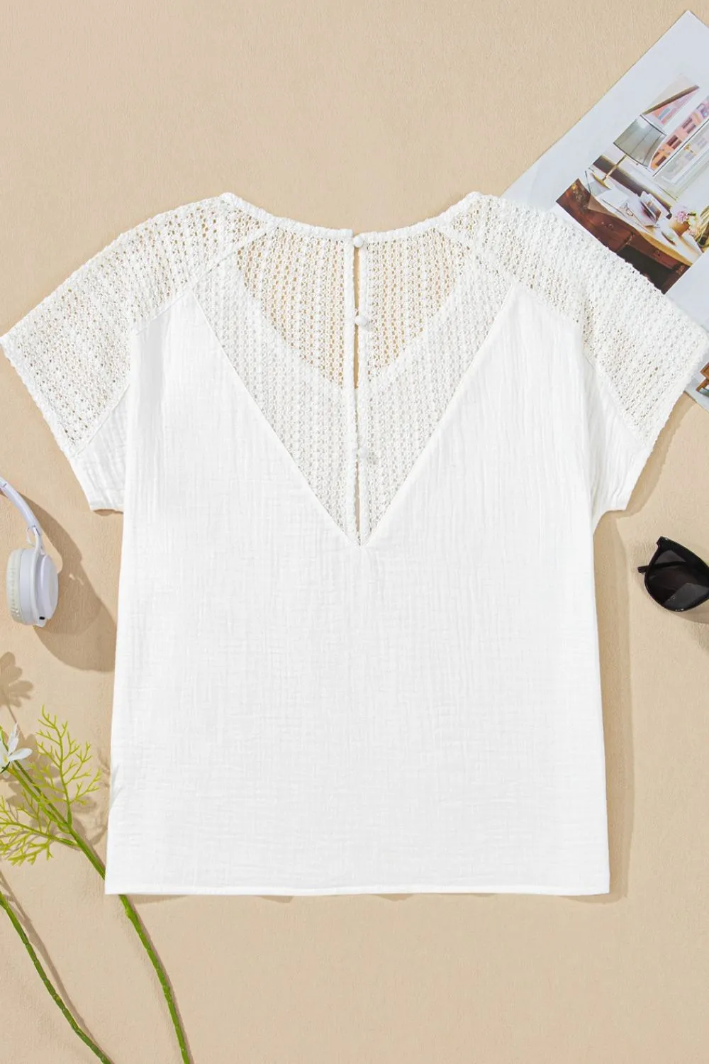 Lace Crochet Textured Button Back V Neck T Shirt, image 9