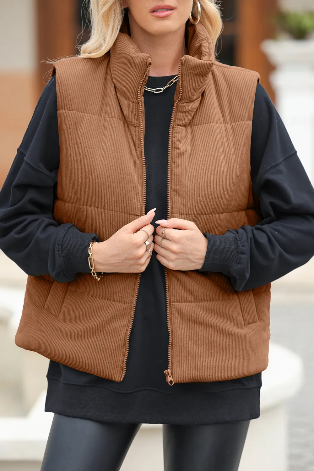 Pocketed Zip Up Turtleneck Vest Coat, image 15