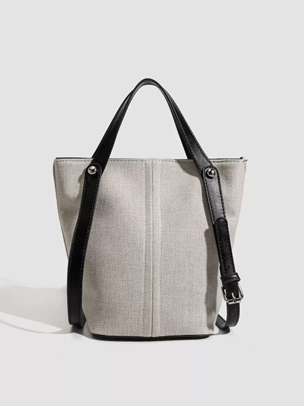 Canvas Bucket Handbag with Contrast Leather Straps, image 3