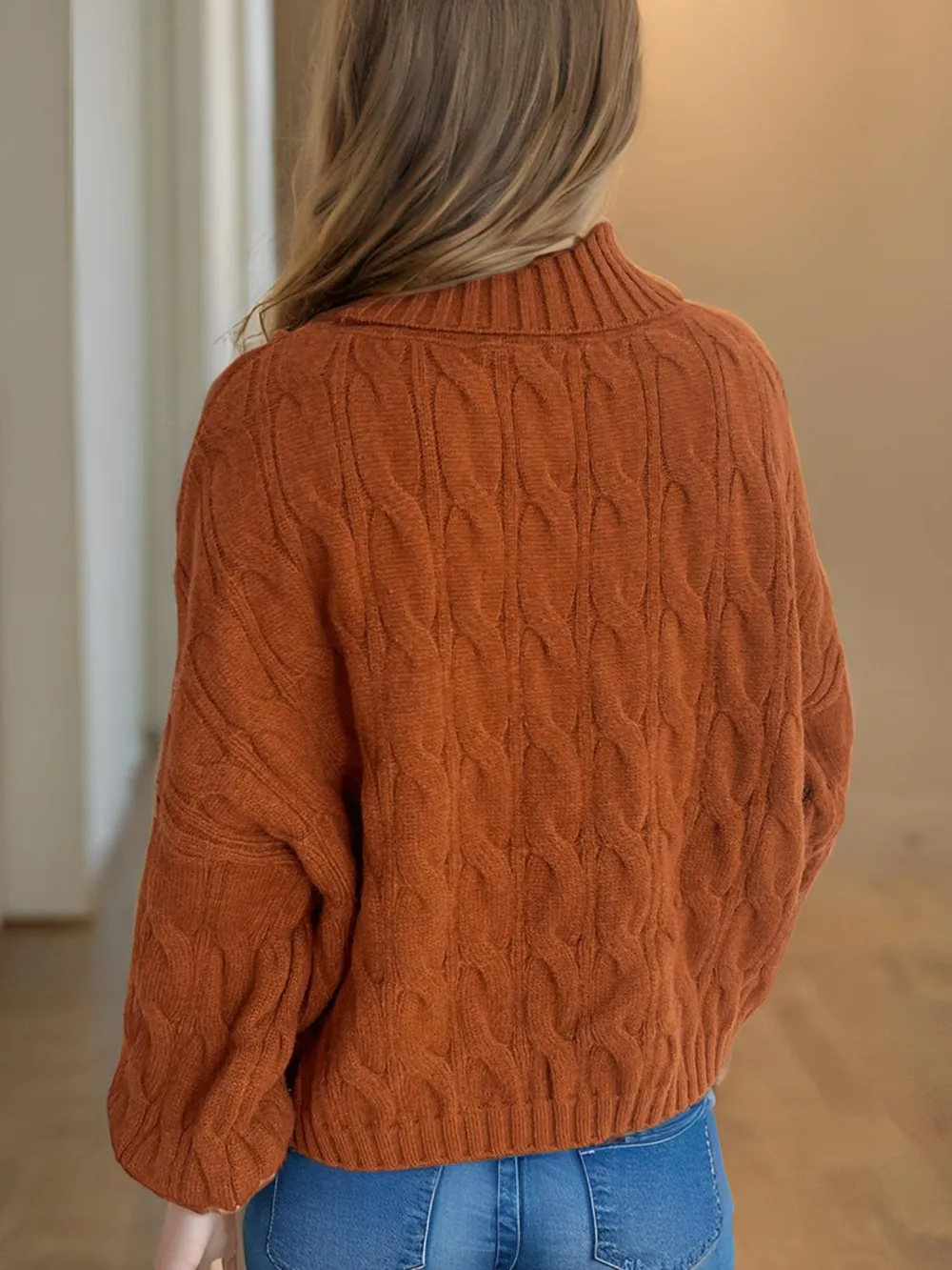 Cable-Knit Turtleneck Long Sleeve Sweater, image 13