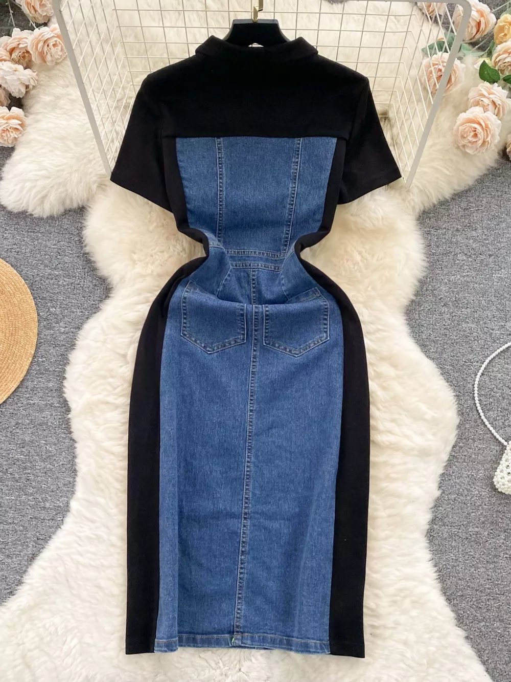 Full Size Color Block Denim Patchwork Bodycon Mini Dress Plus Size, image 6