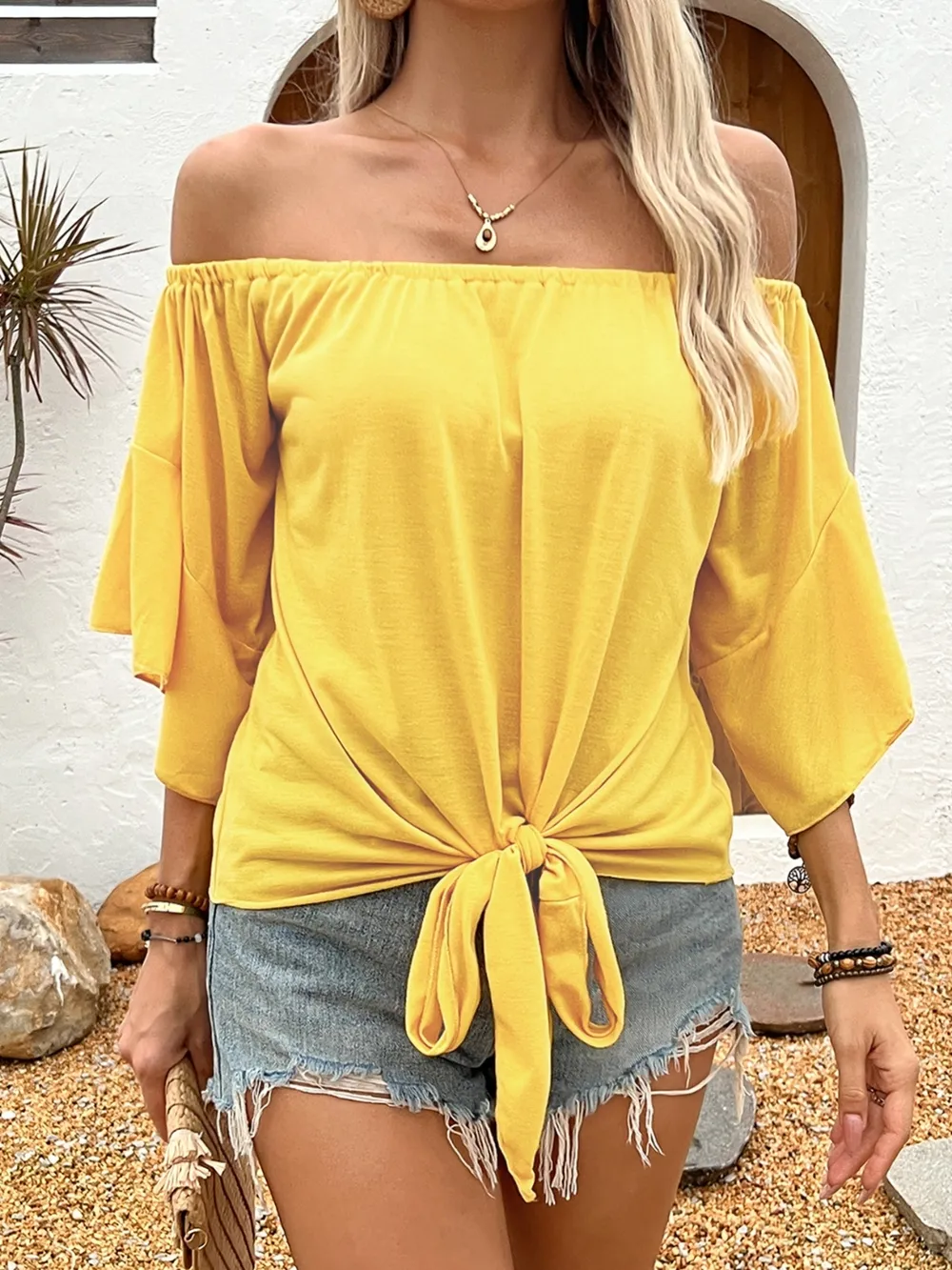 Tied Solid Off-Shoulder Blouse, image 12