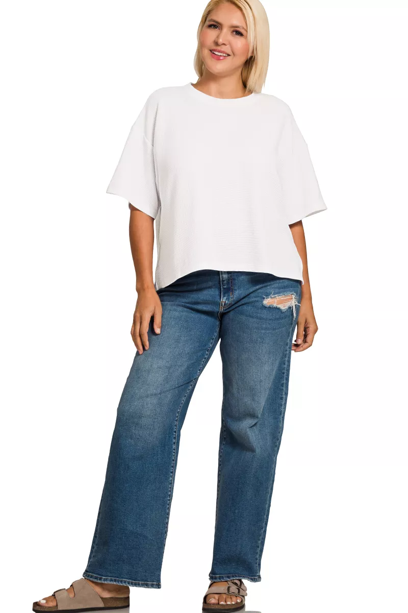 Full Size Double Knit Side Slits Hi Low Short Sleeve Top Plus Size, image 2