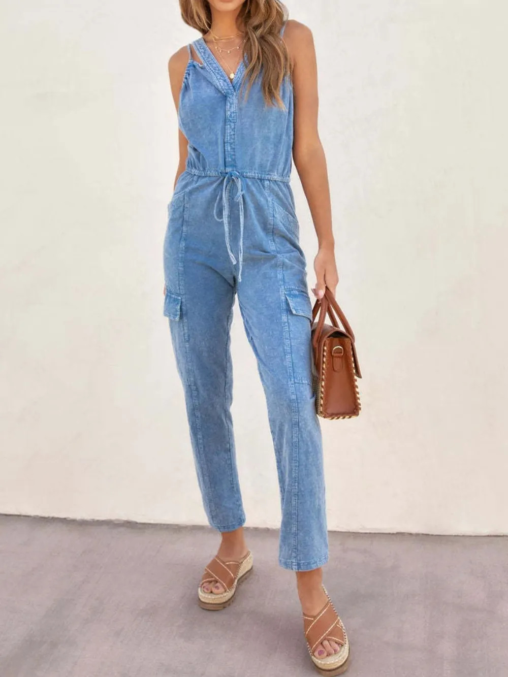 V-Neck Sleeveless Denim Jumpsuit, image 5