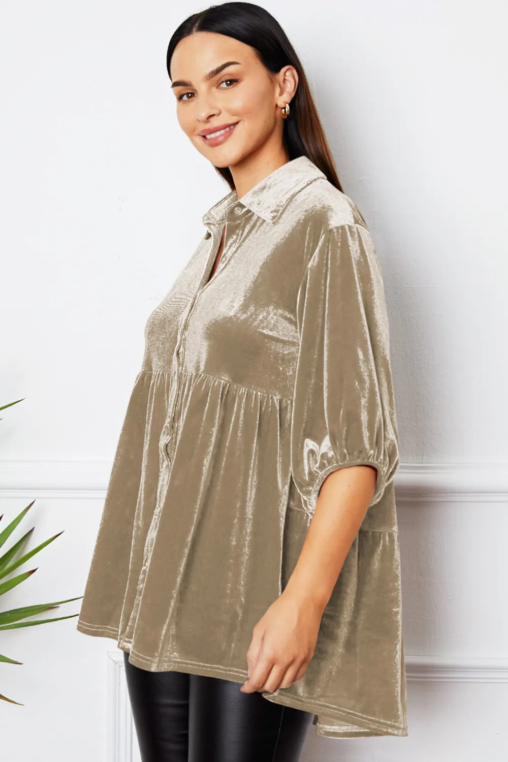 Velvet Tiered Button Up Collared Neck Shirt, image 12