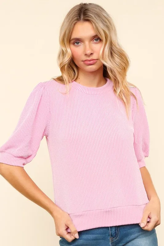 Full Size Wavy Rib Half Sleeve Knit Top, image 6