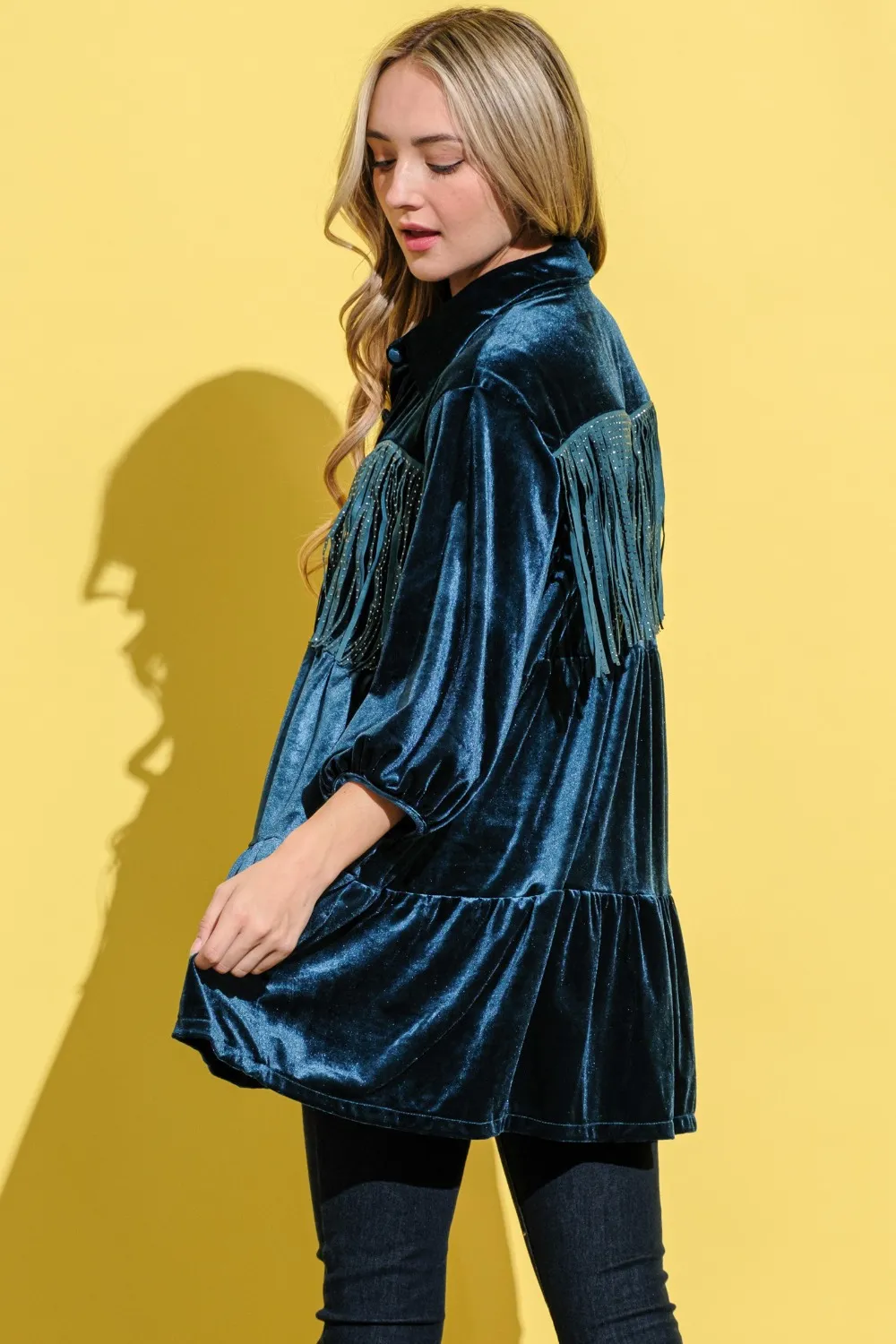 Fringe Detailed Velvet Shirt Dress, image 2