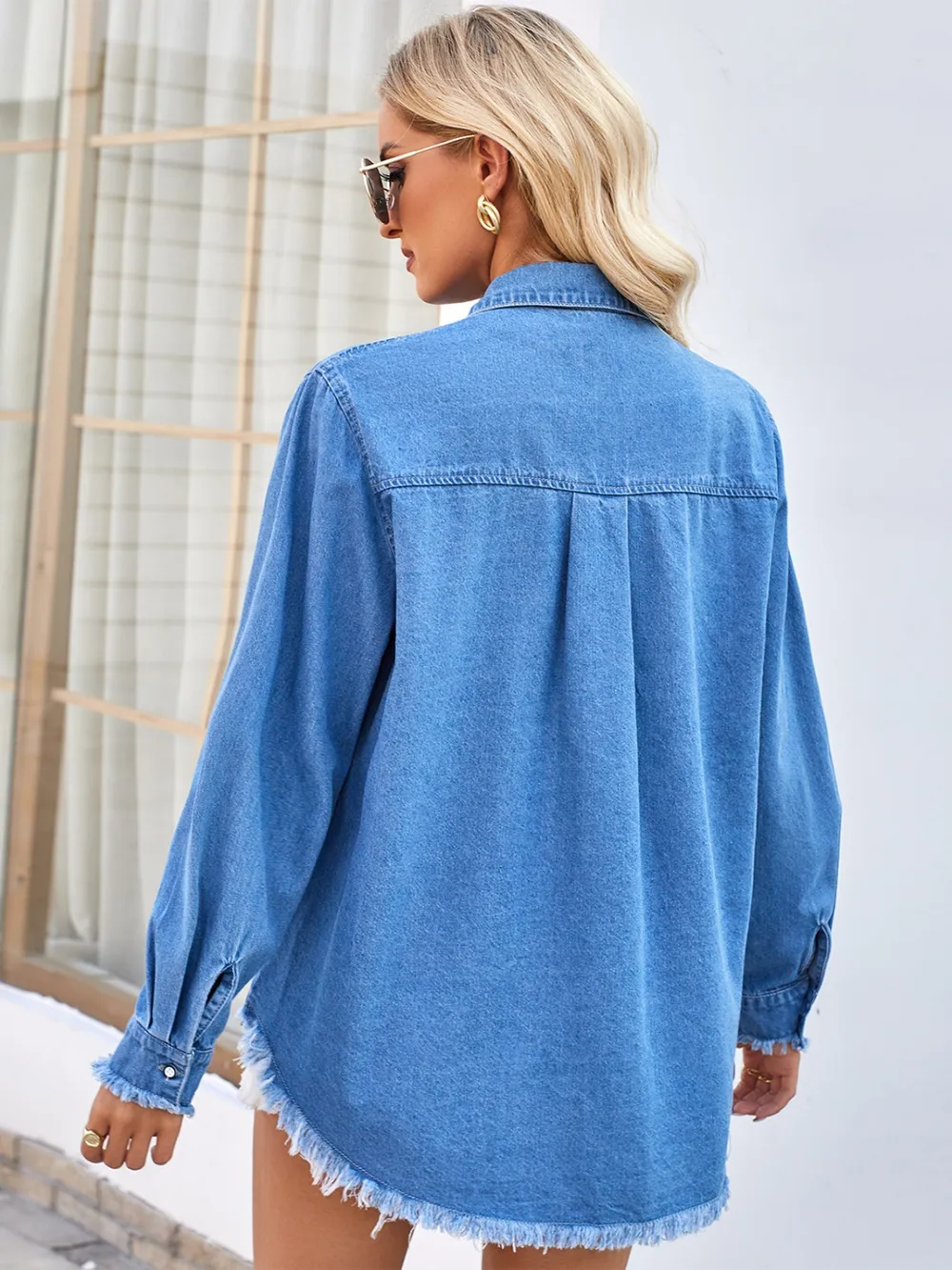 Raw Hem Button Up Long Sleeve Denim Jacket with Sequin Pockets, image 13