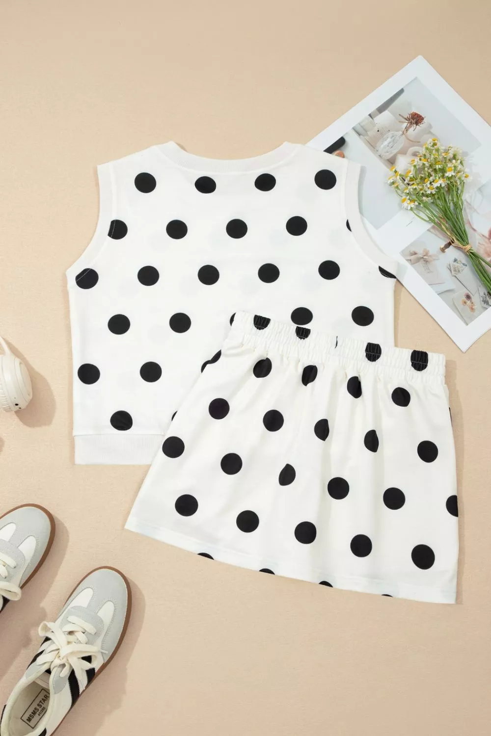 Ribbed Trim Polka Dot Print Tank Split Mini Skort 2pcs Set, image 11
