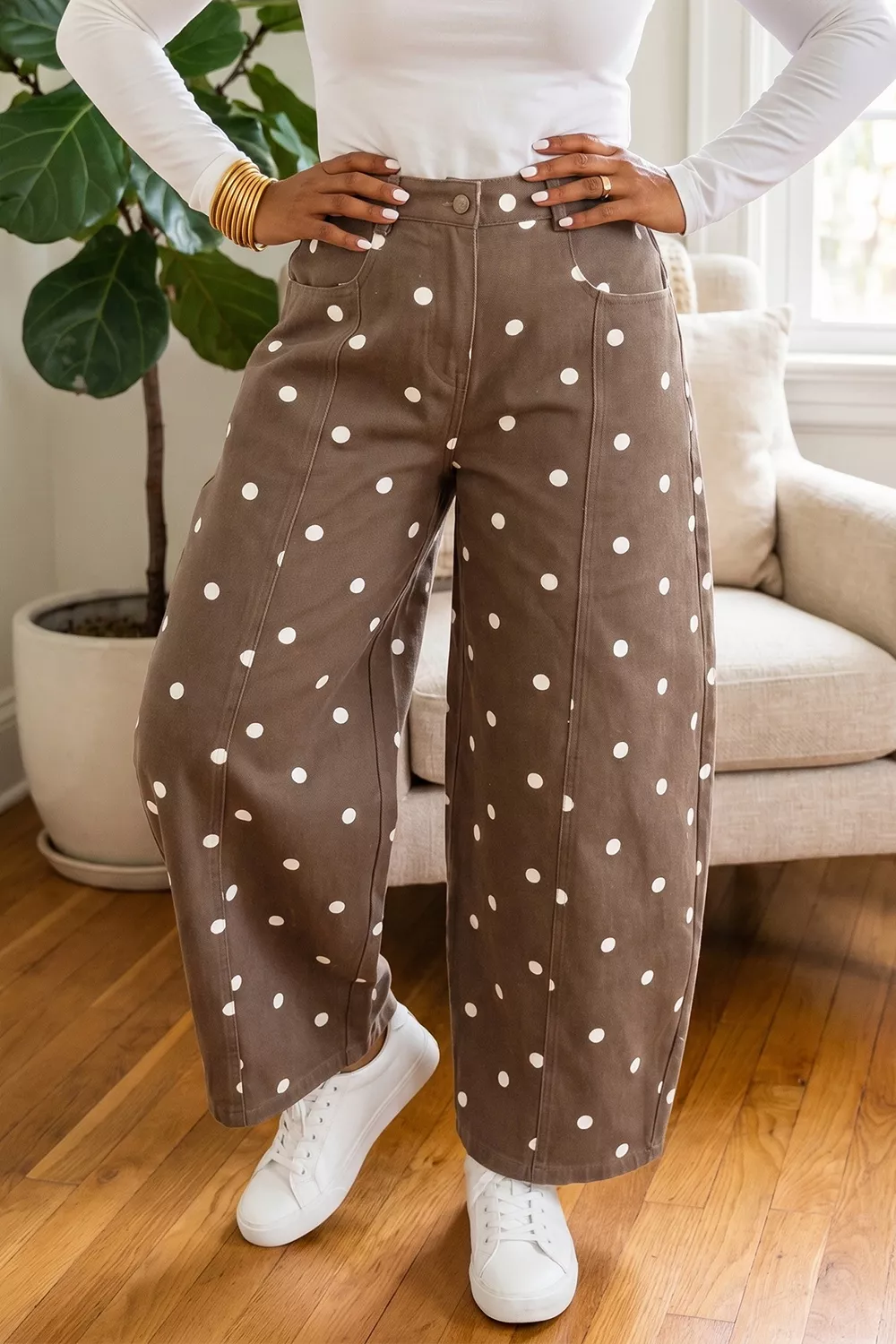 Tailored Seam Polka Dot Print Barrel Casual Jeans, image 3