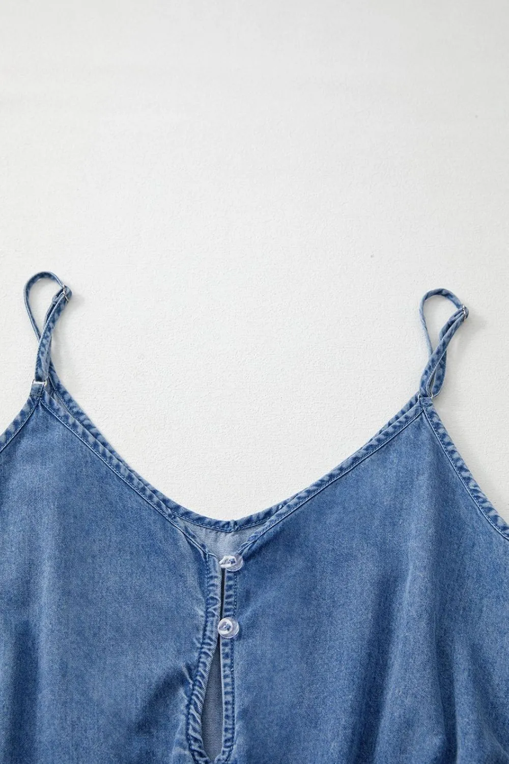 Spaghetti Straps V Neck Belted Ruffled Leg Chambray Romper, image 9