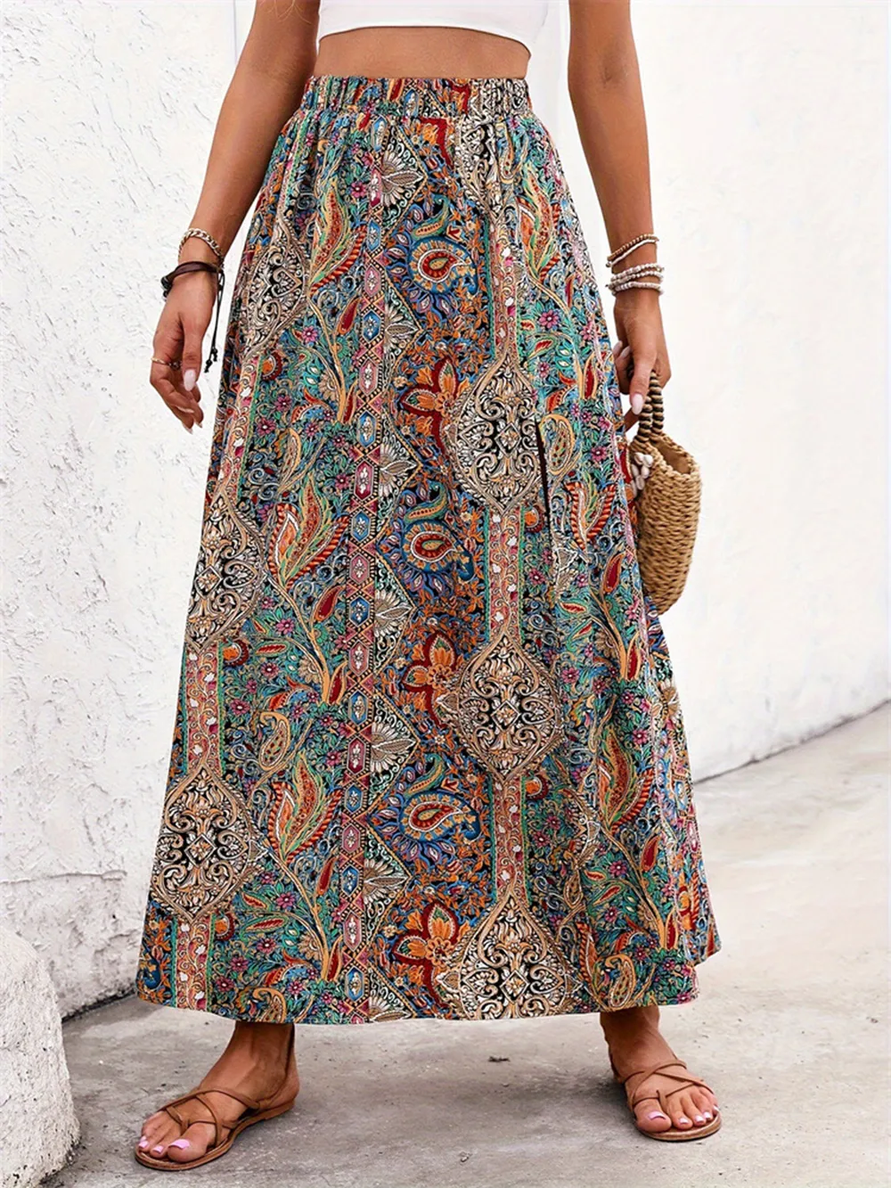 Slit Printed Elastic Waist Skirt, image 7