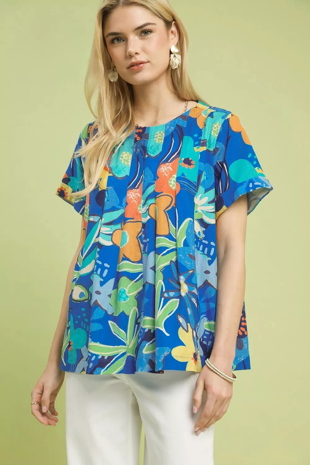 Abstract Floral Pleated Blouse