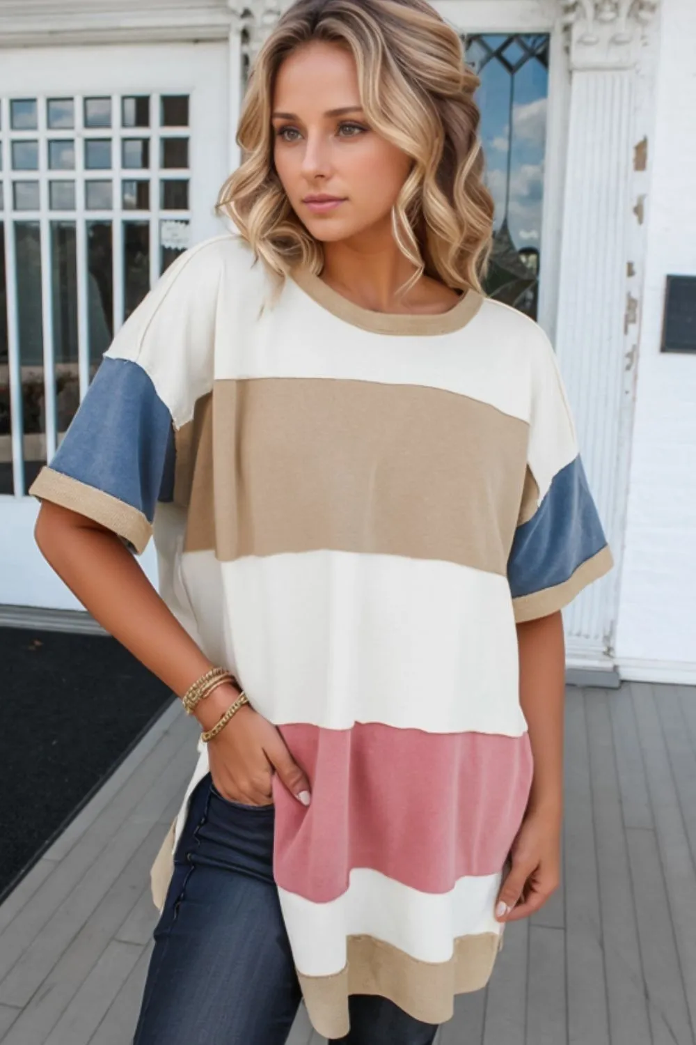 Color Block Patchwork Side Split Tunic T Shirt, image 7