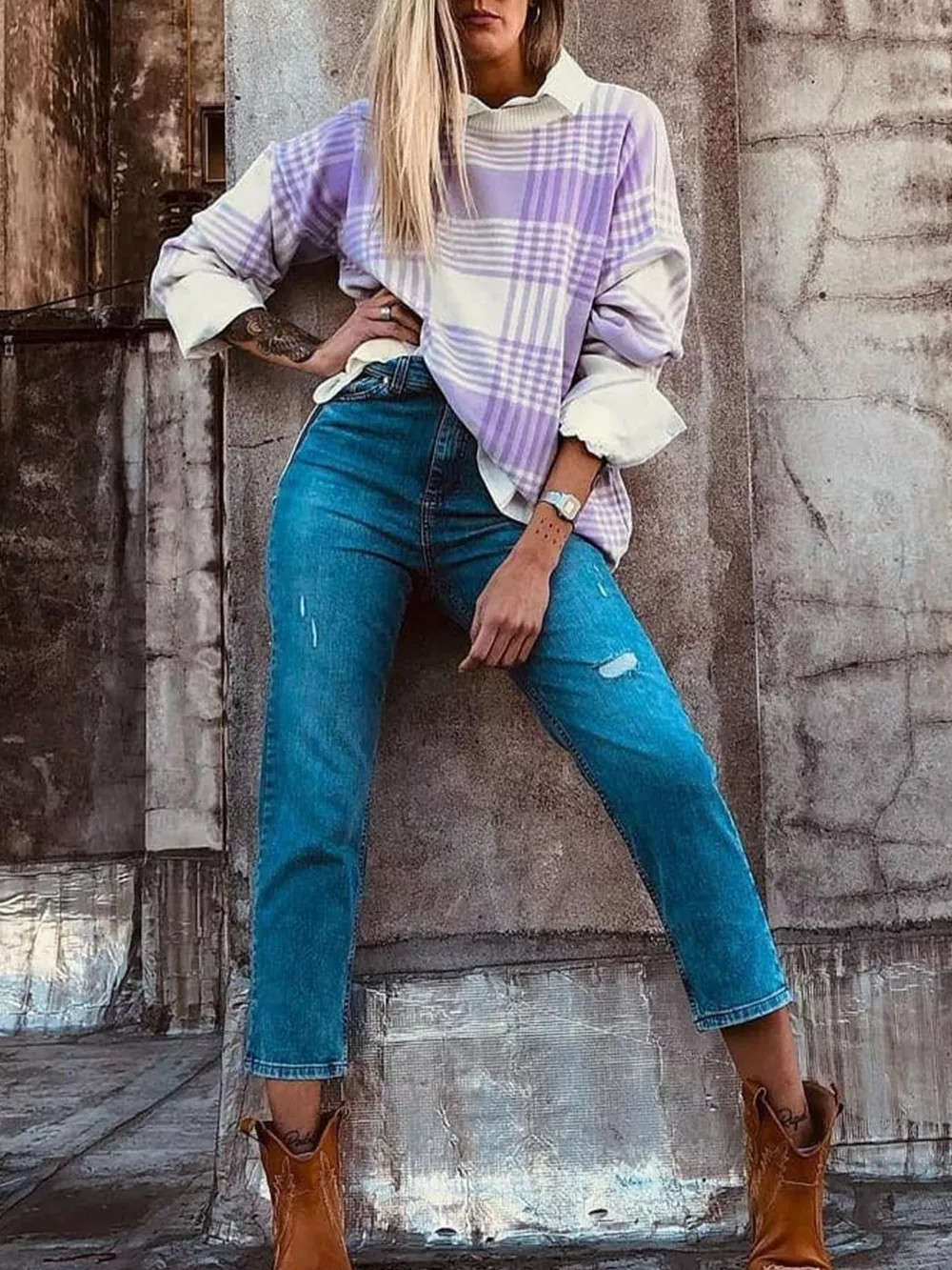 Plaid Round Neck Long Sleeve Sweater, image 3