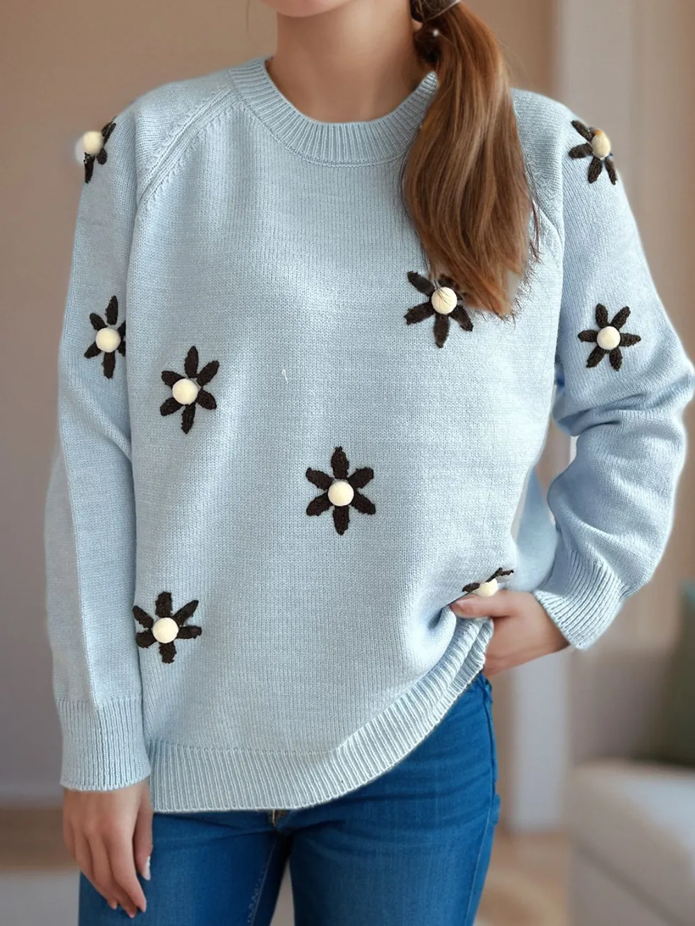 Flower Round Neck Raglan Sleeve Sweater, image 16