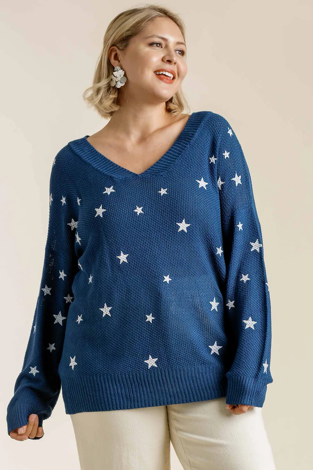 Full Size Star V-Neck Long Sleeve Sweater Plus Size, image 4