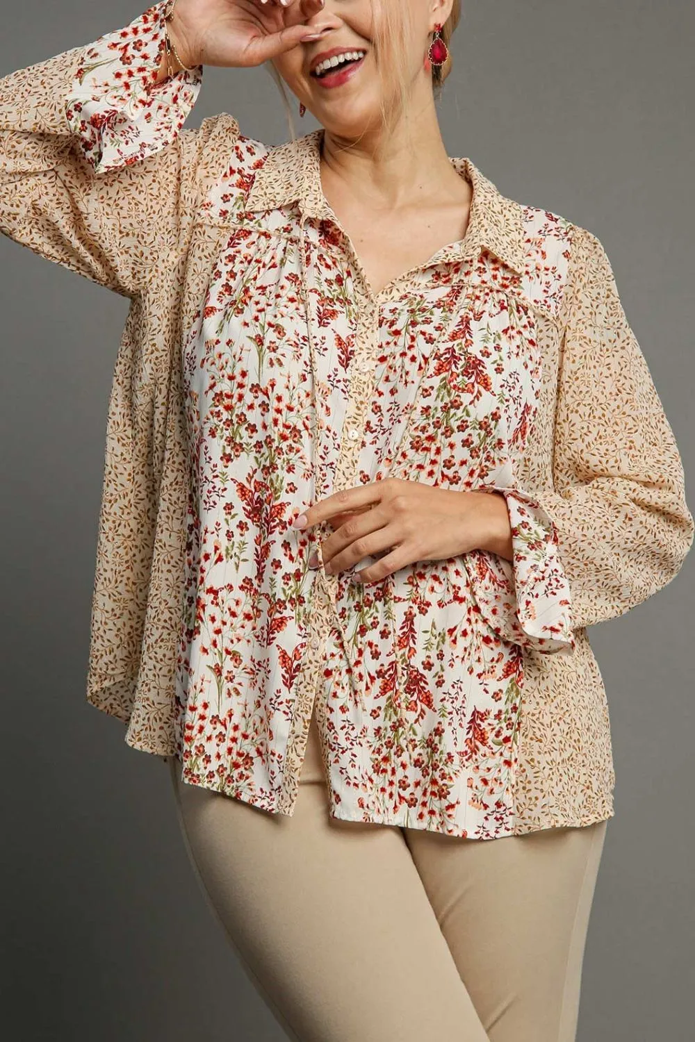 Full Size Mixed Print Metallic Detail Long Ruffle Sleeve Button Down Shirt Plus Size, image 3