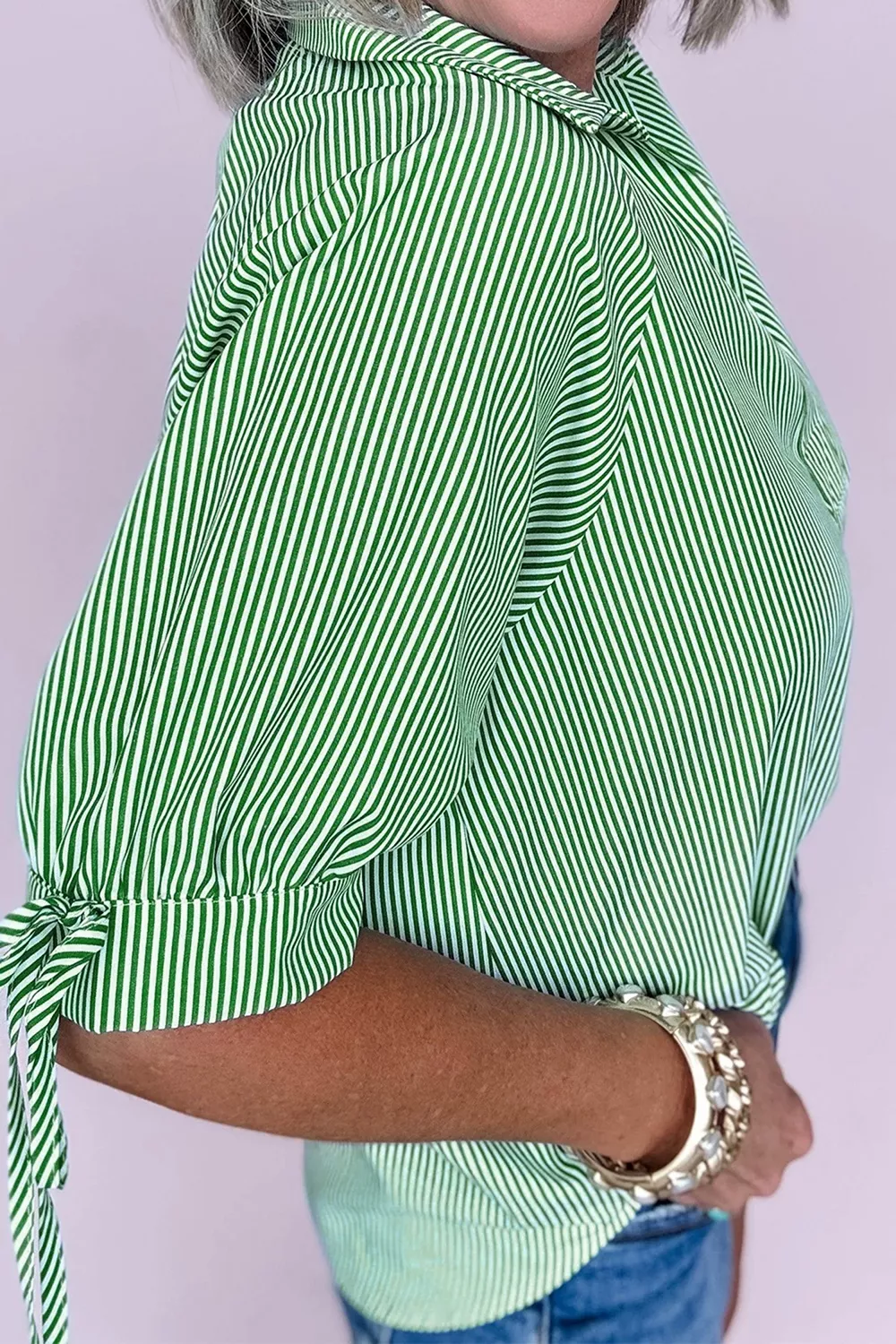 Striped Print Collared Split Neck Half Sleeve Blouse, image 4