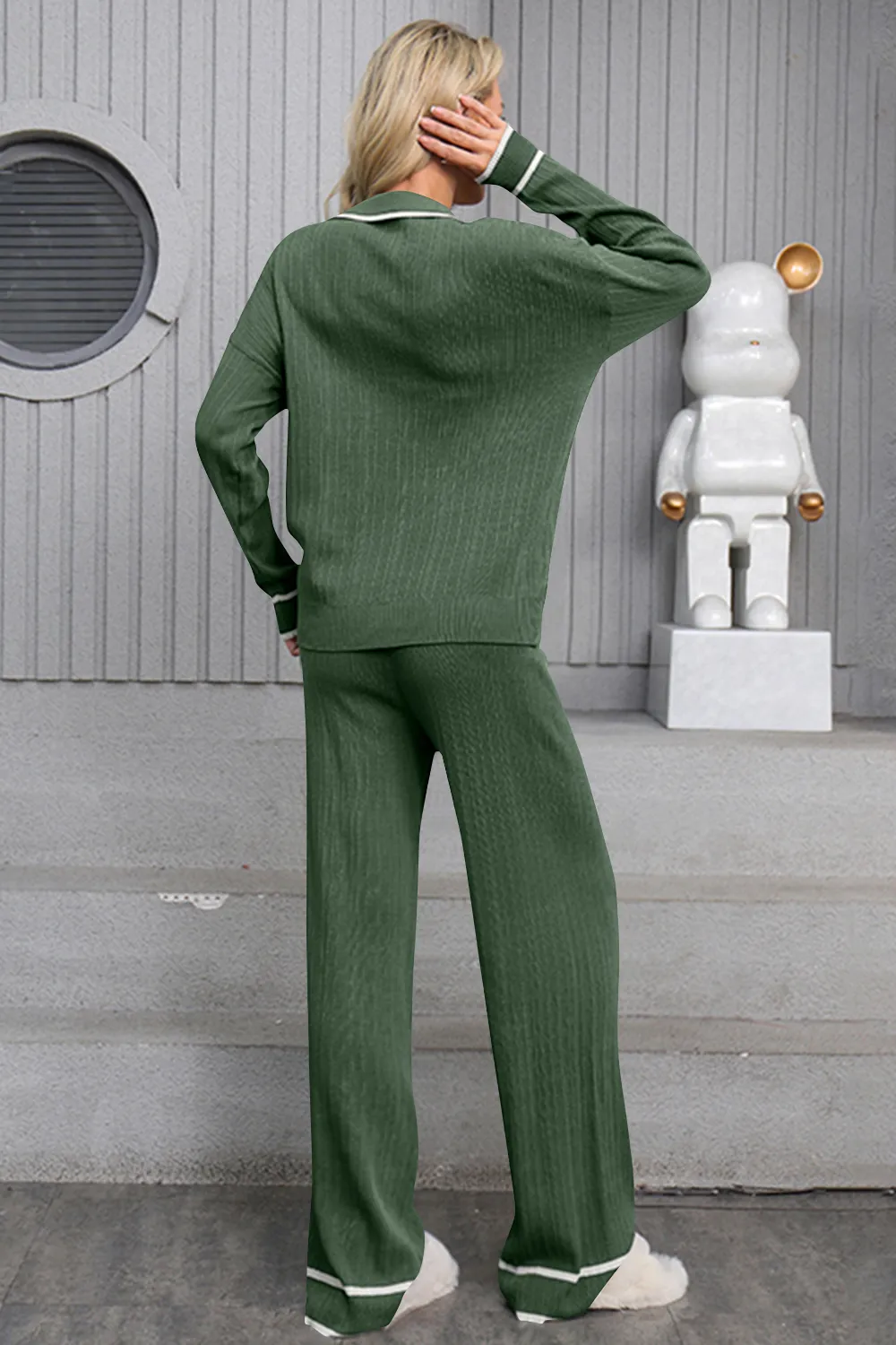 Contrast Trim Johnny Collar Top and Drawstring Pants Sweater Set, image 8