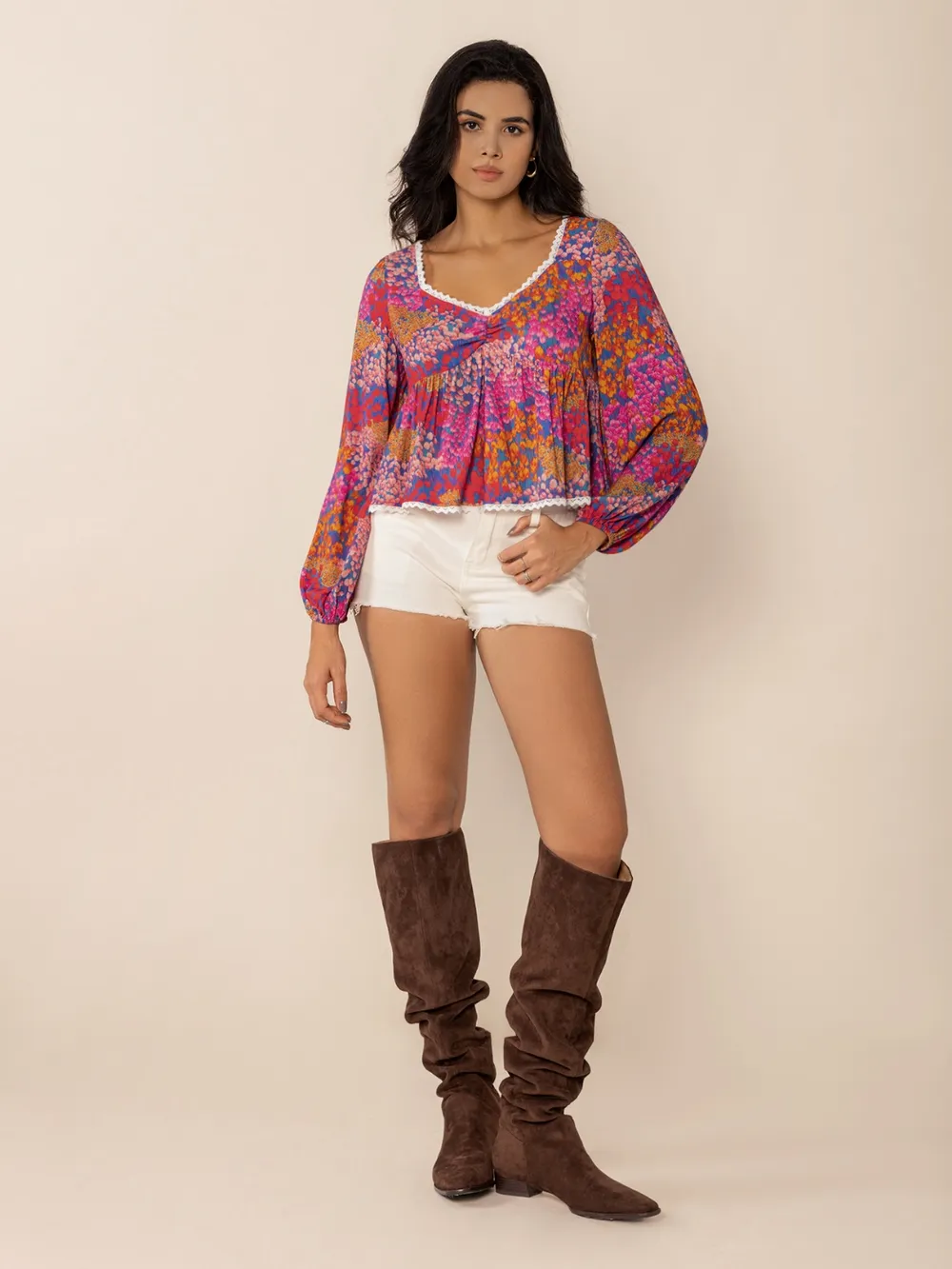 Lace Detail Printed Balloon Sleeve Top, image 4