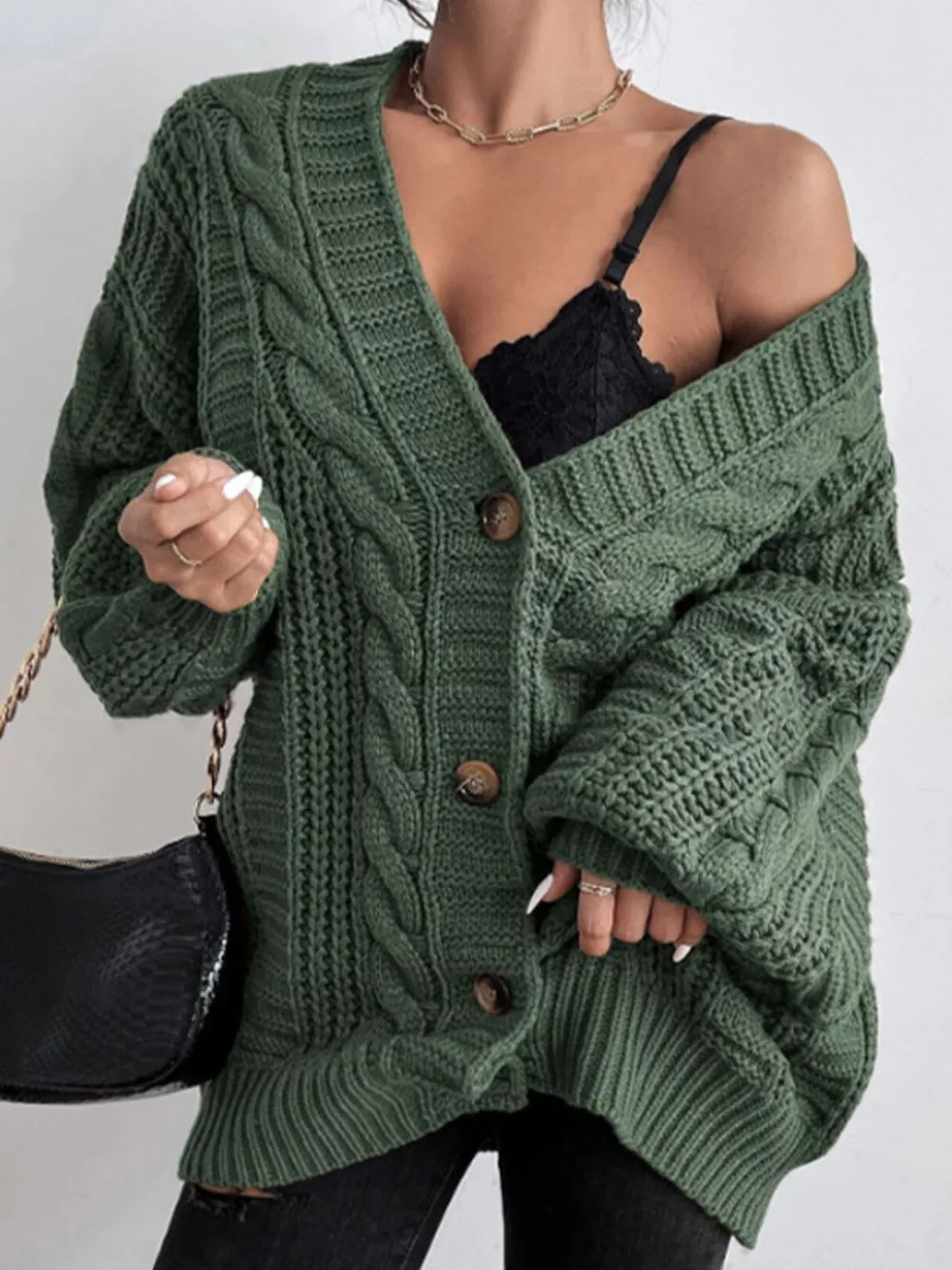 Cable Knit V-Neck Button-Down Cardigan, image 2