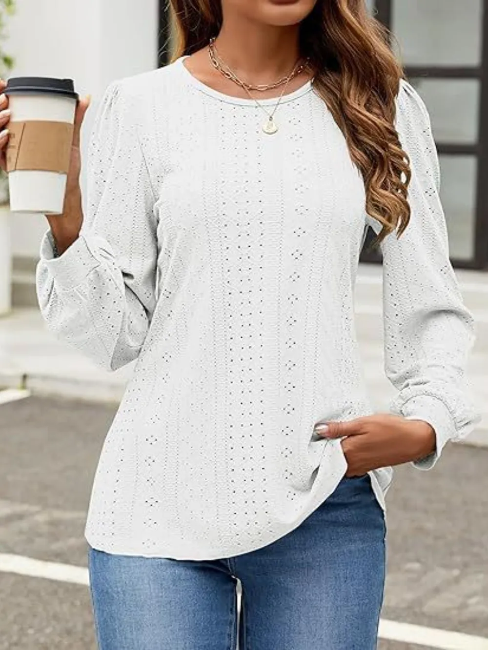 Eyelet Round Neck Long Sleeve Top, image 20