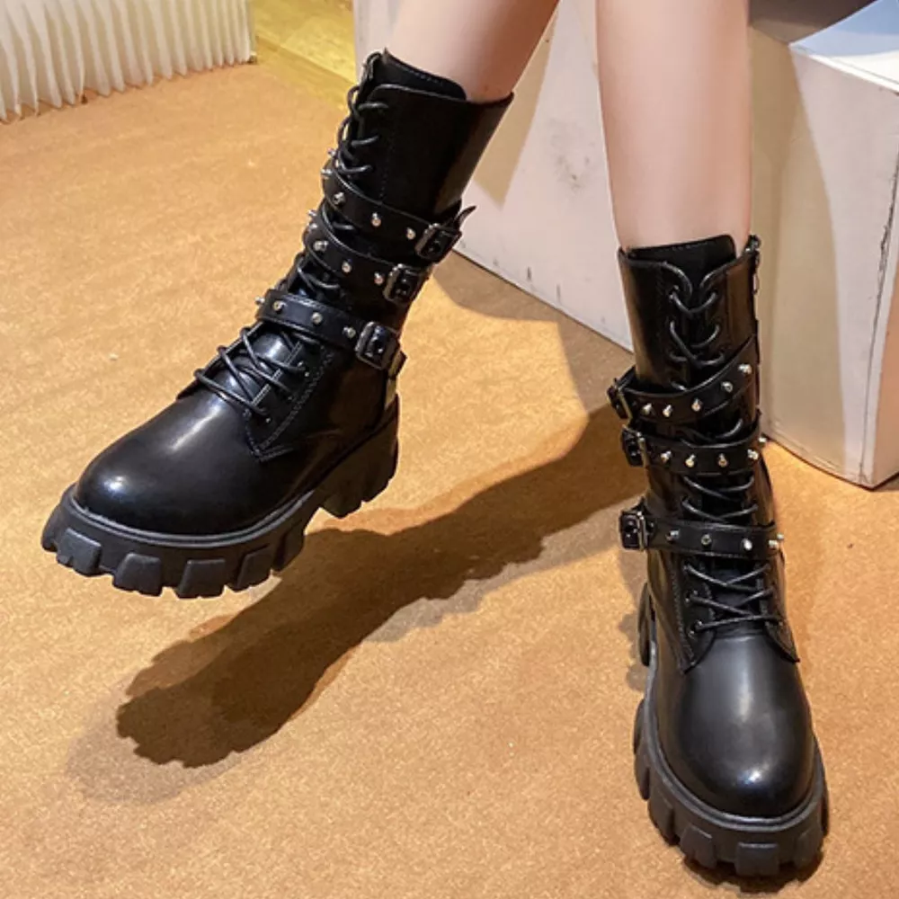 Buckled Lace-Up Combat Boots