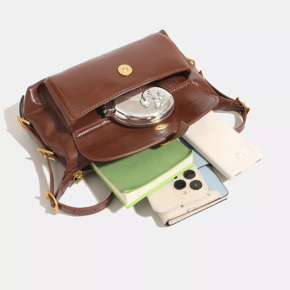 Vintage PU Leather Shoulder Bag with Buckle Detail, image 6