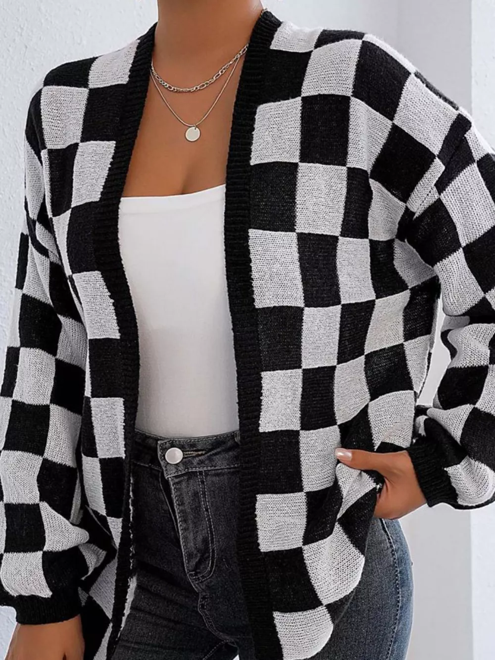 Checkerboard Pattern Open Front Knit Cardigan, image 8