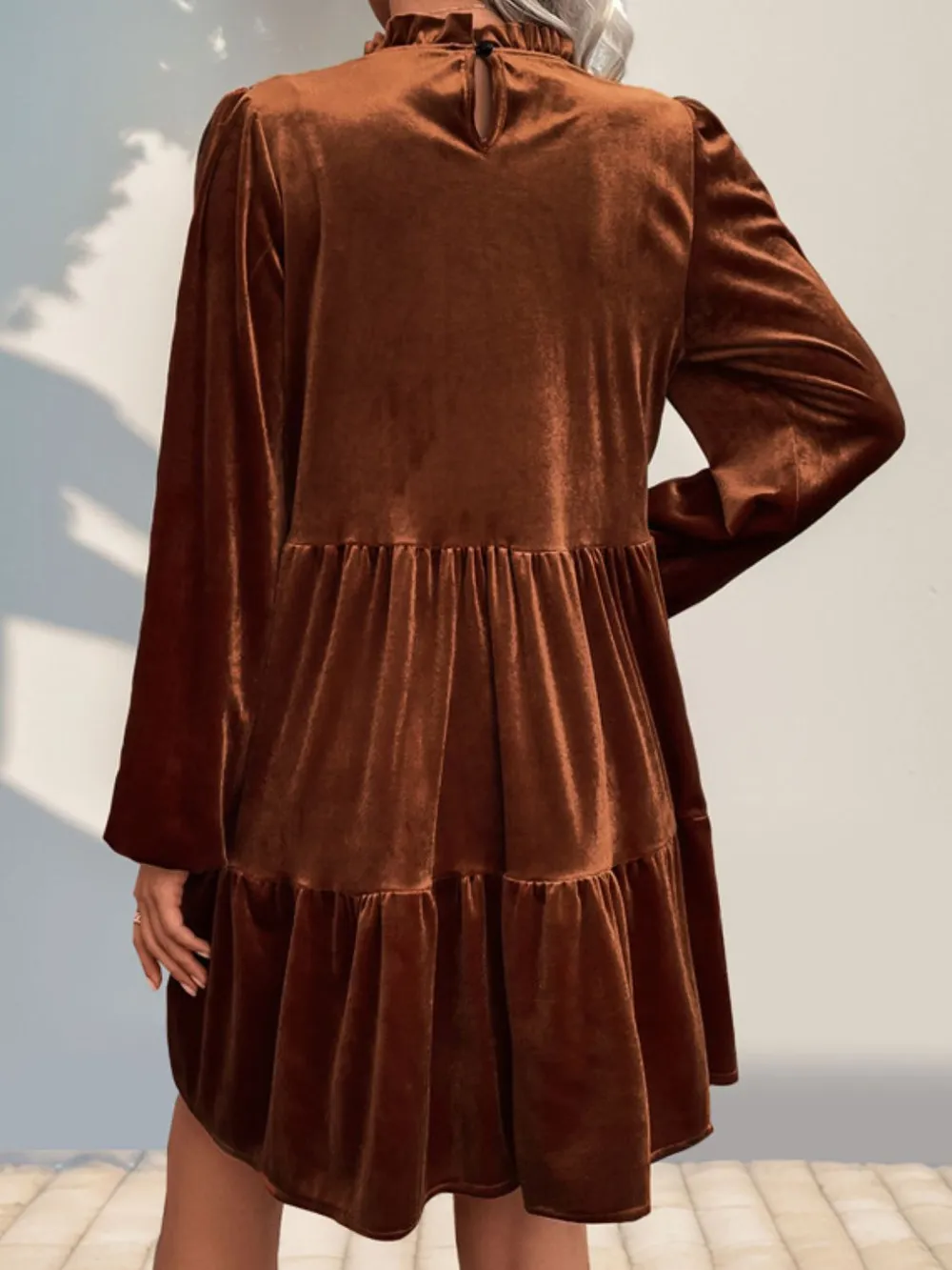 Tiered Ruched Mock Neck Long Sleeve Dress, image 2