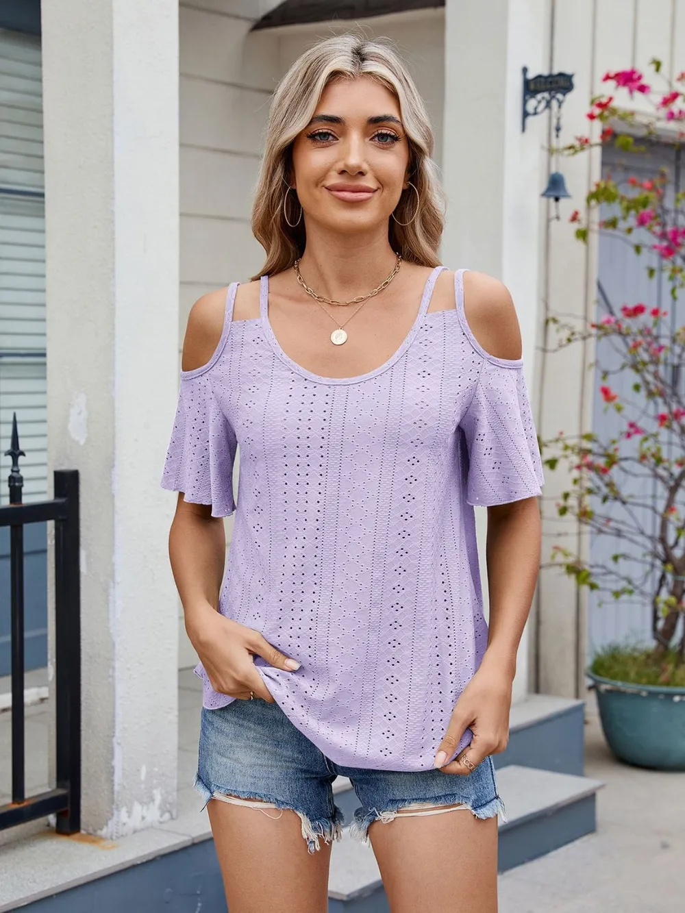 Round Neck Cold Shoulder Eyelet T-Shirt, image 18